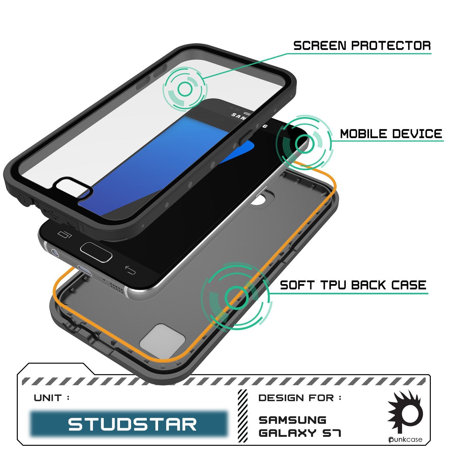 Galaxy S7 Waterproof Case PunkCase StudStar Black Thin 6.6ft Underwater IP68 Shock/Dirt/Snow Proof