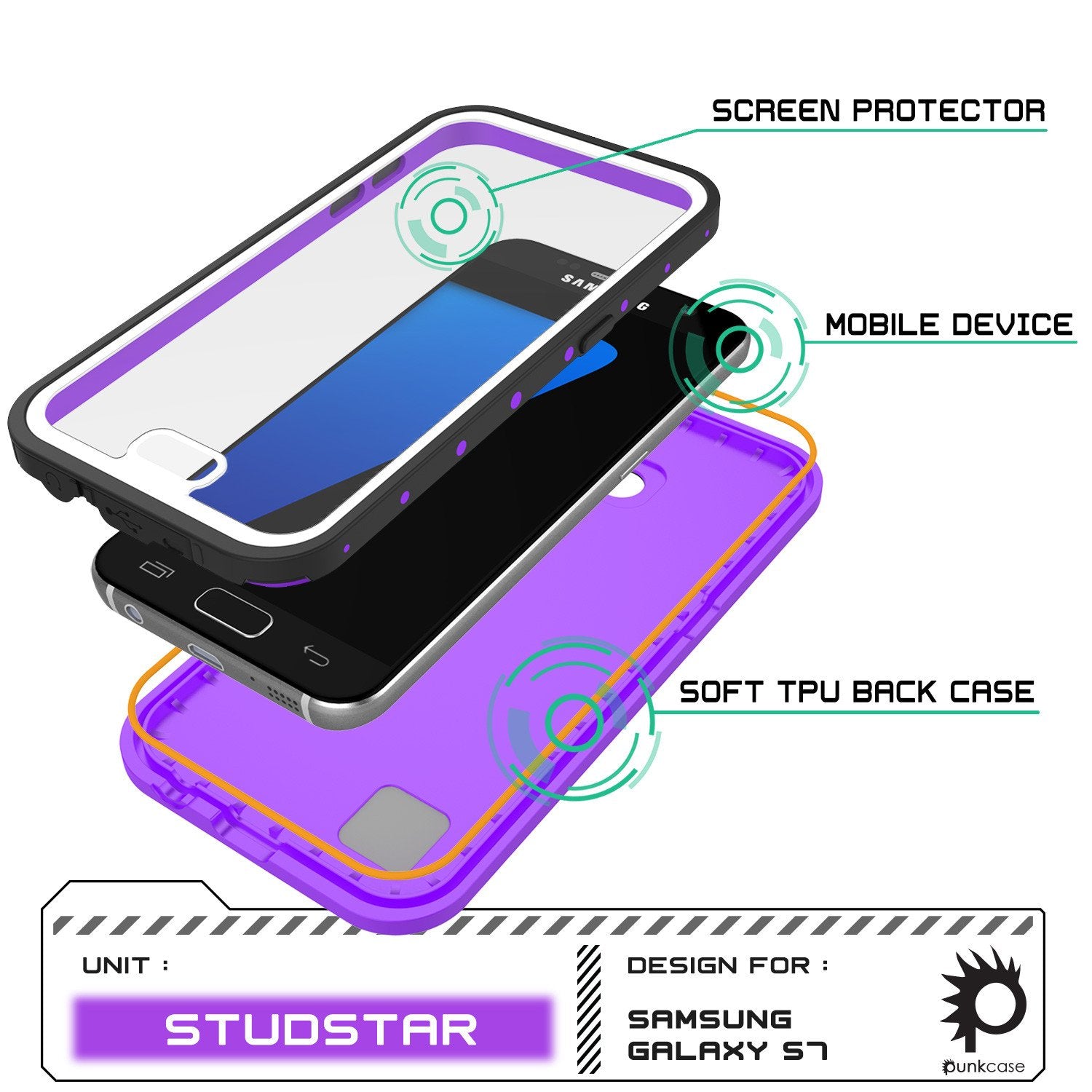 Galaxy S7 Waterproof Case PunkCase StudStar Purple Thin 6.6ft Underwater IP68 Shock/Dirt/Snow Proof