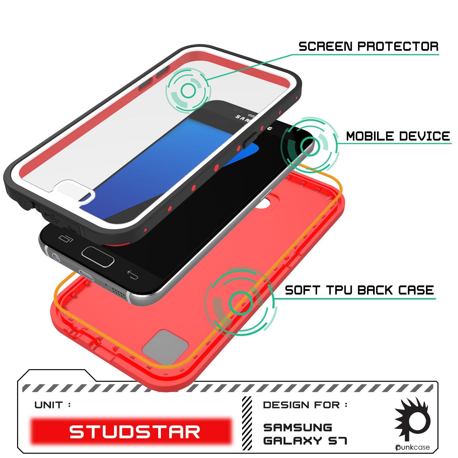 Galaxy S7 Waterproof Case PunkCase StudStar Red Thin 6.6ft Underwater IP68 Shock/Dirt/Snow Proof