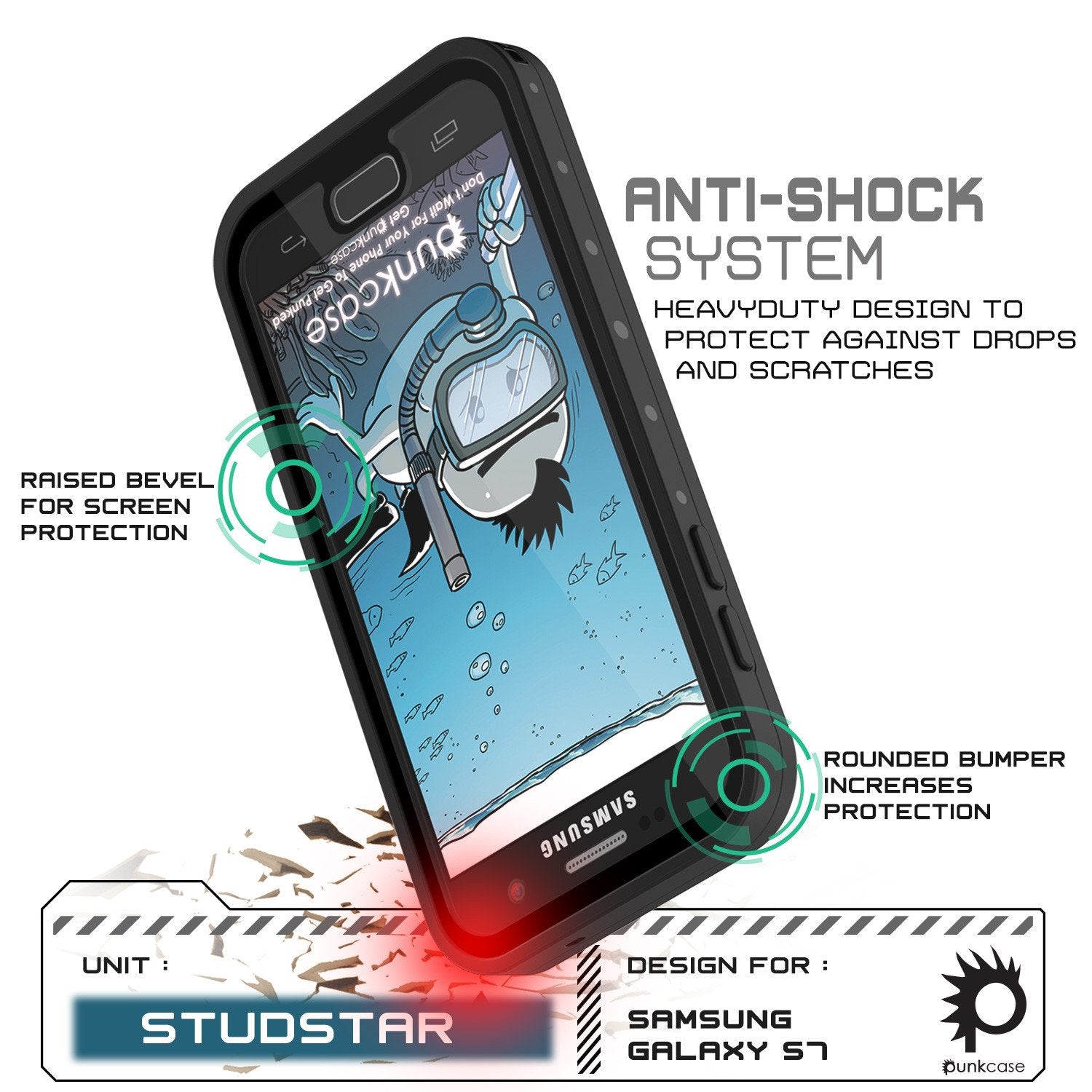 Galaxy S7 Waterproof Case PunkCase StudStar Black Thin 6.6ft Underwater IP68 Shock/Dirt/Snow Proof