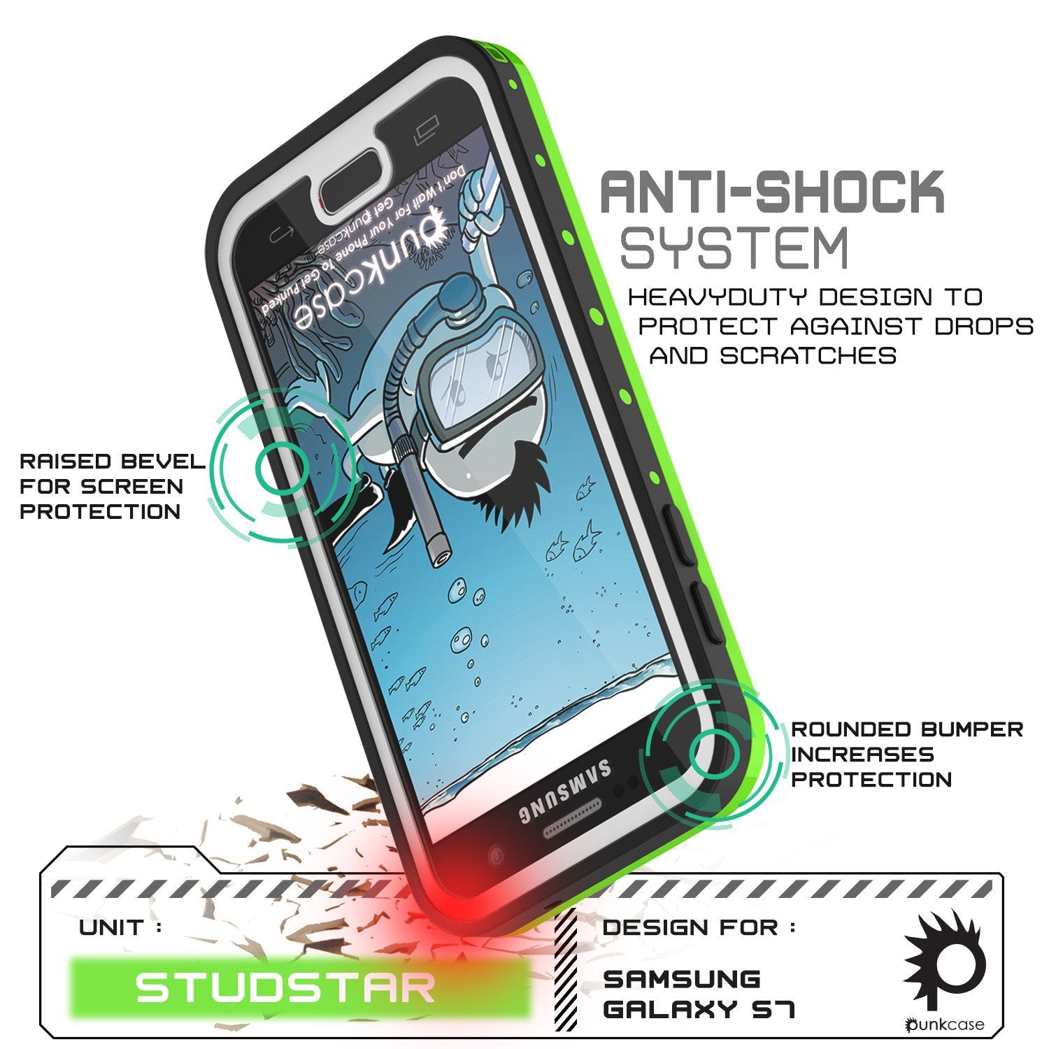 Galaxy S7 Waterproof Case PunkCase StudStar Light Green Thin 6.6ft Underwater IP68 Shock/DirtProof