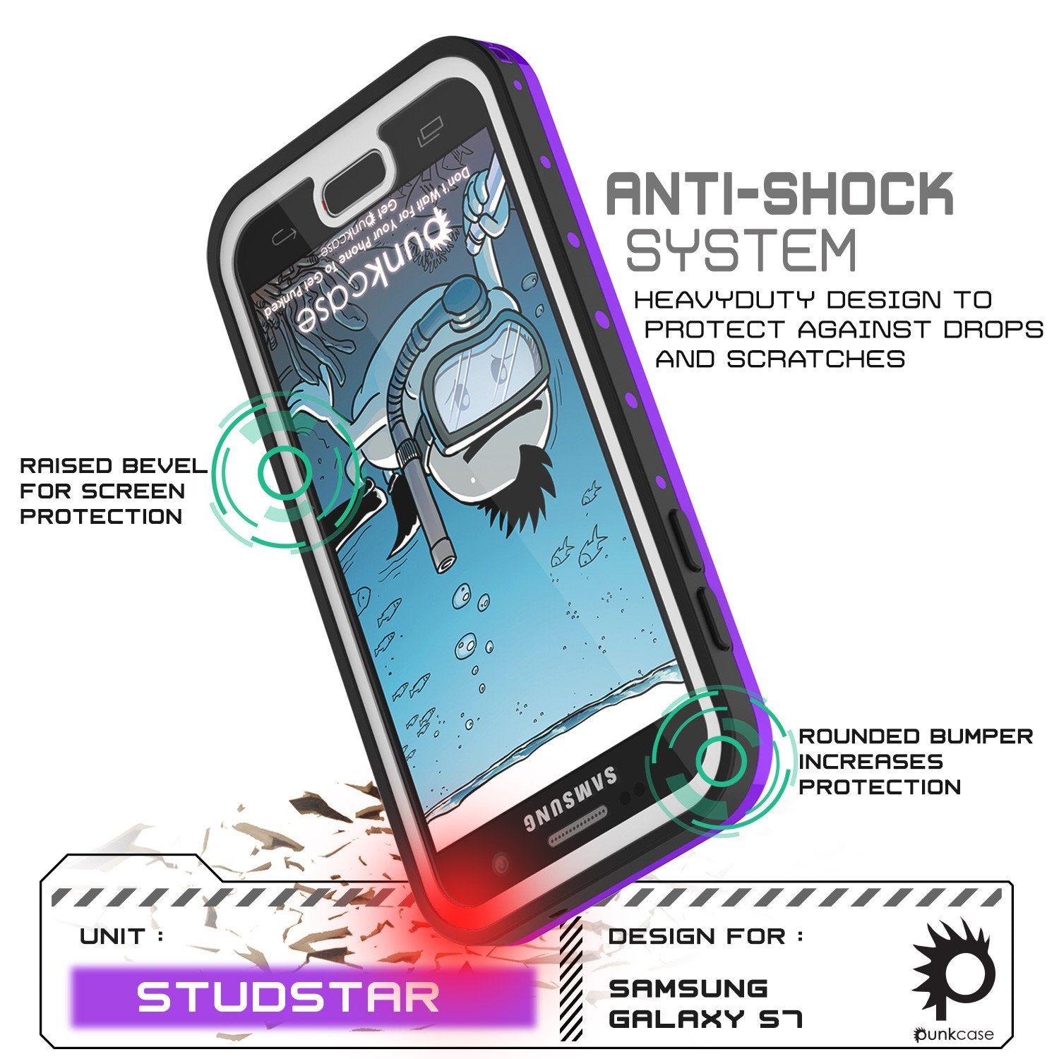 Galaxy S7 Waterproof Case PunkCase StudStar Purple Thin 6.6ft Underwater IP68 Shock/Dirt/Snow Proof