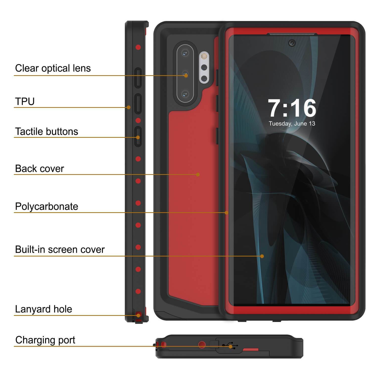 Galaxy Note 10+ Plus Waterproof Case, Punkcase Studstar Red Series Thin Armor Cover