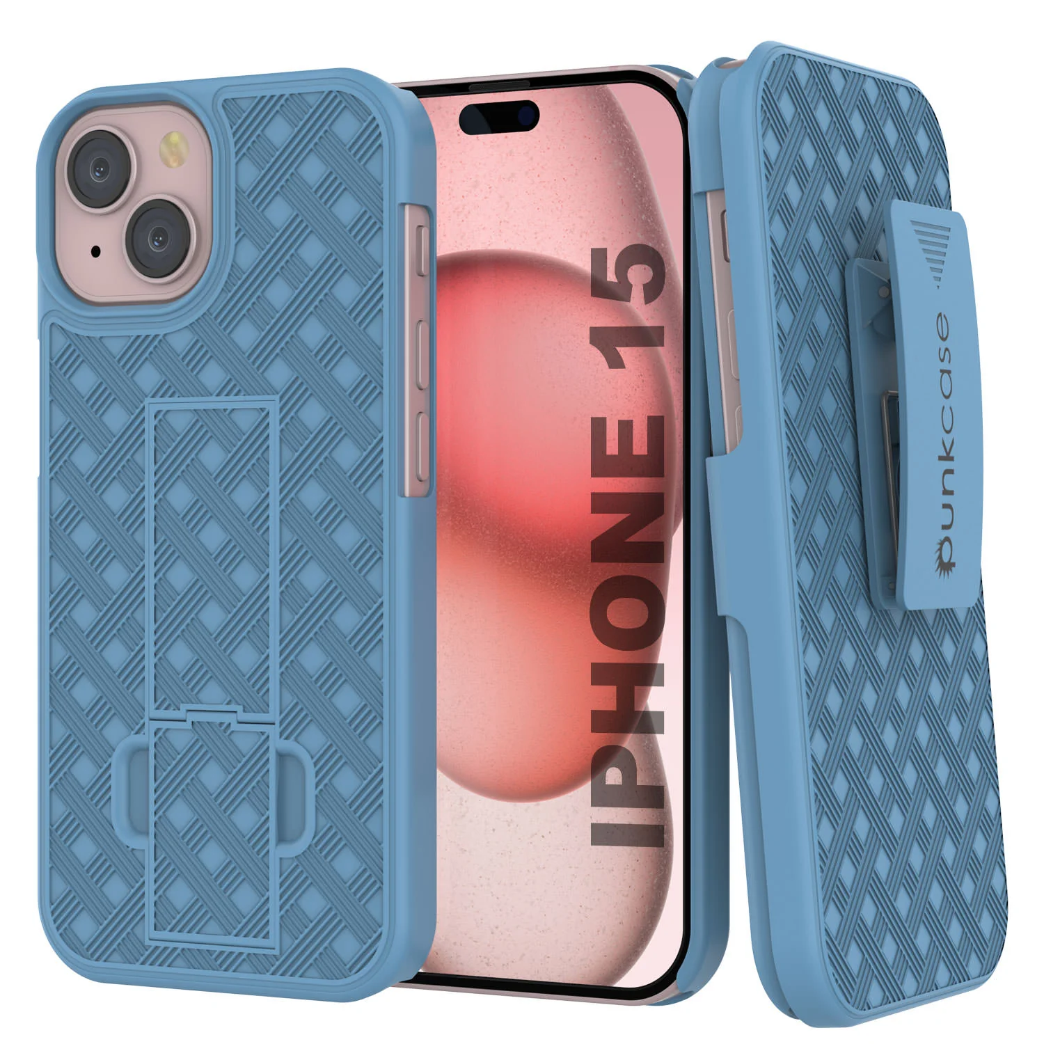 iPhone 15 Case With Tempered Glass Screen Protector, Holster Belt Clip & Built-In Kickstand [Blue]