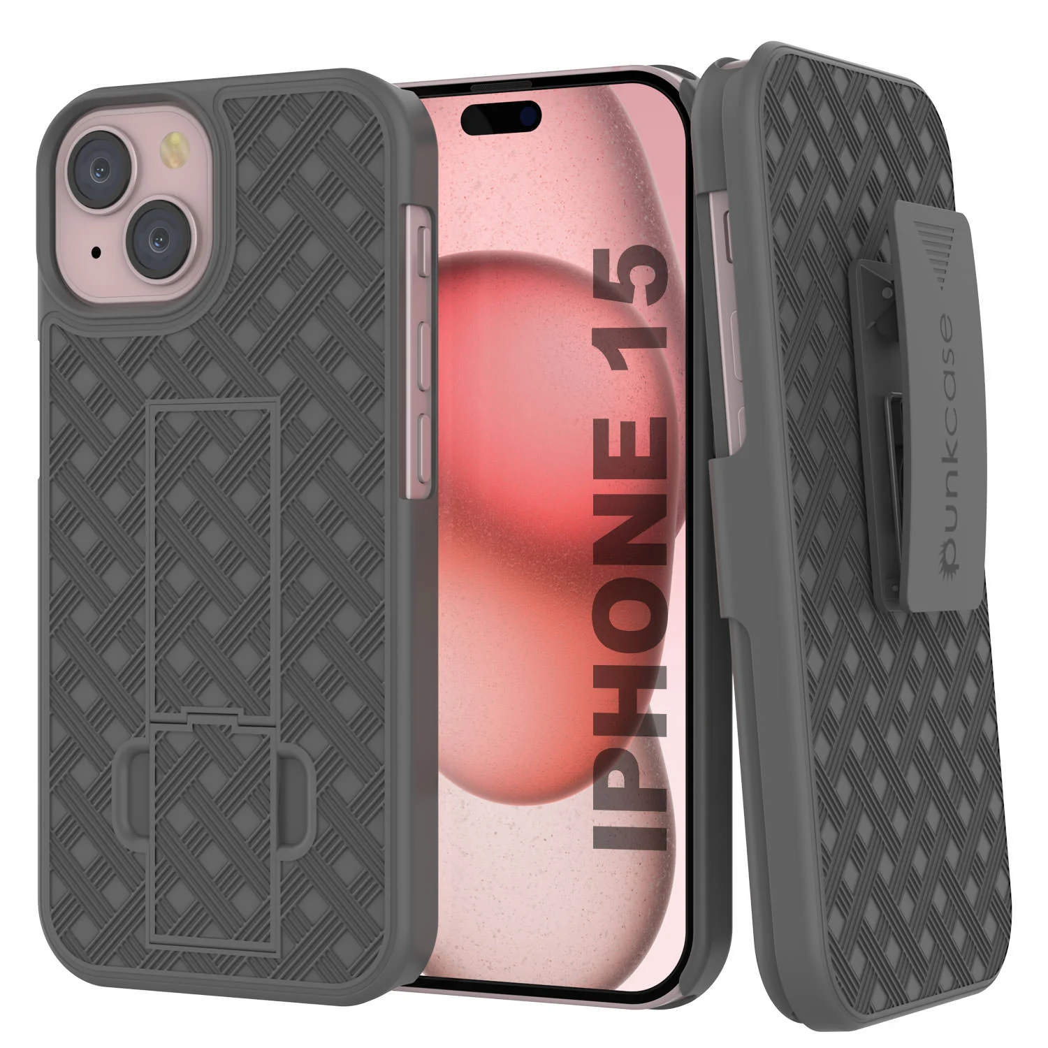 iPhone 15 Case With Tempered Glass Screen Protector, Holster Belt Clip & Built-In Kickstand [Grey]