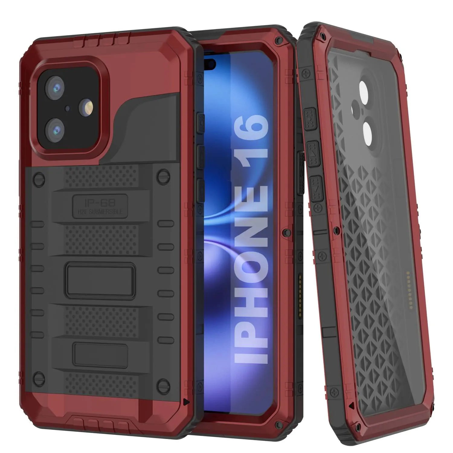 iPhone 16 Metal Extreme 3.0 Series Aluminum Waterproof Case IP68 W/Buillt in Screen Protector & Kickstand [Red]