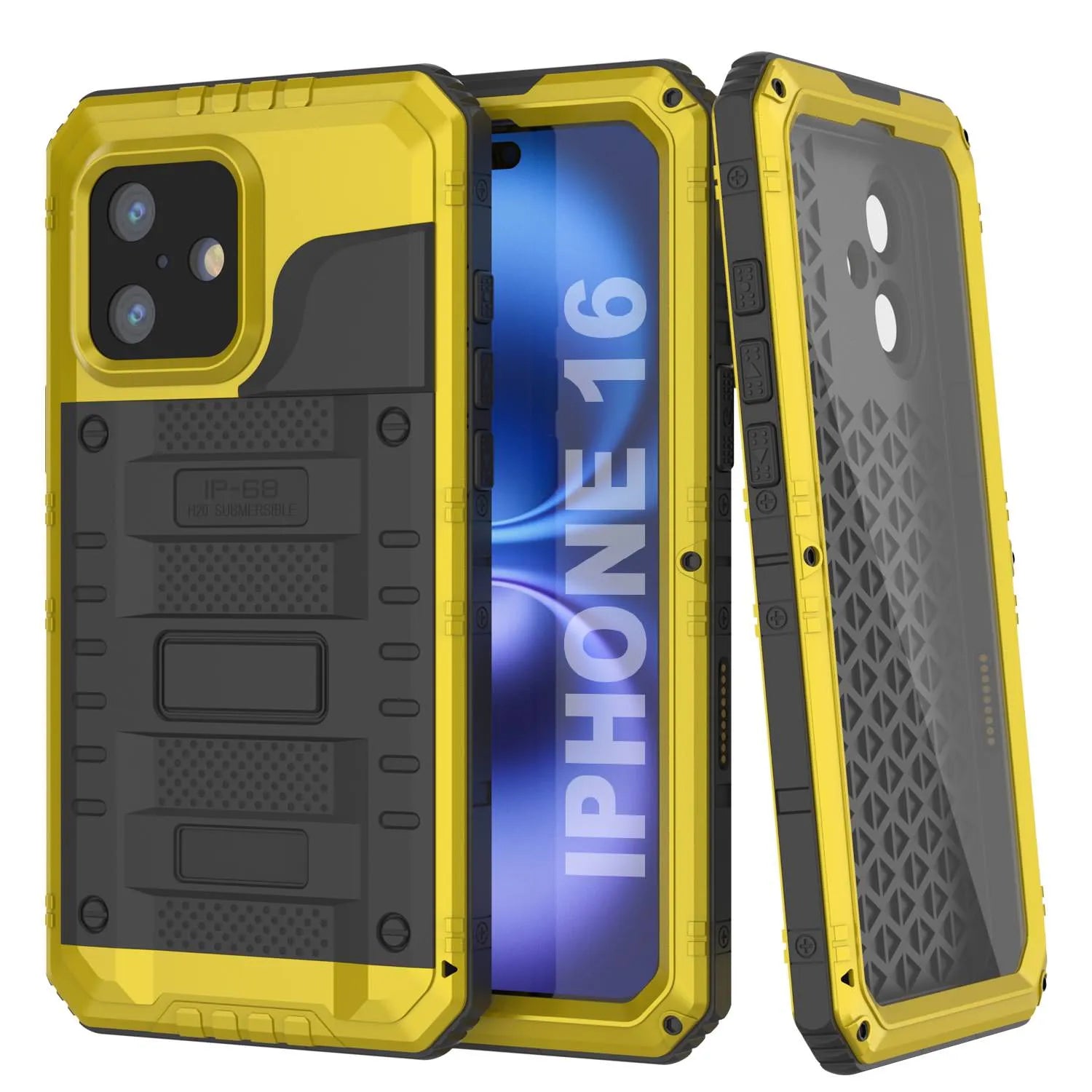 iPhone 16 Metal Extreme 3.0 Series Aluminum Waterproof Case IP68 W/Buillt in Screen Protector & Kickstand [Yellow]