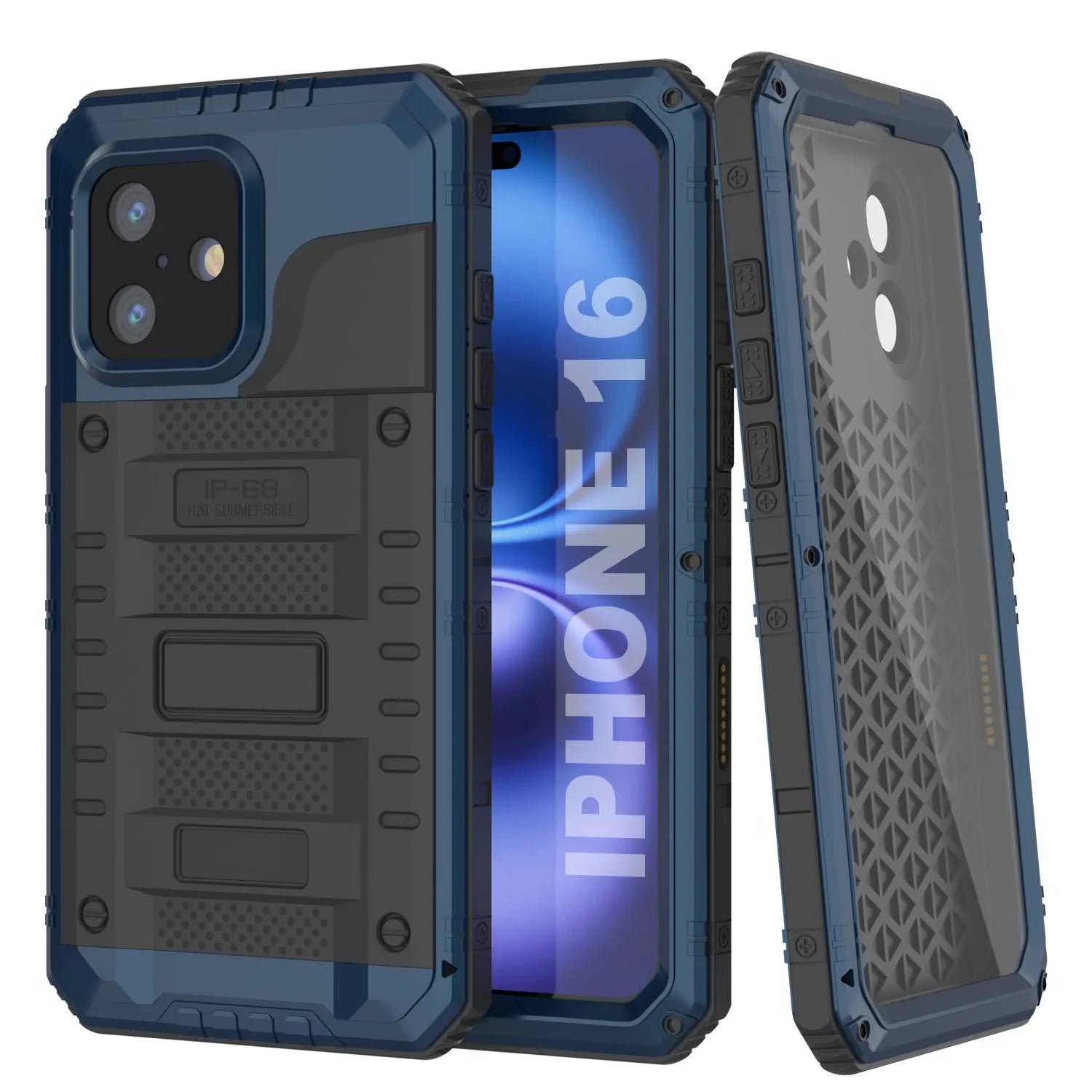 iPhone 16 Metal Extreme 3.0 Series Aluminum Waterproof Case IP68 W/Buillt in Screen Protector & Kickstand [Blue]