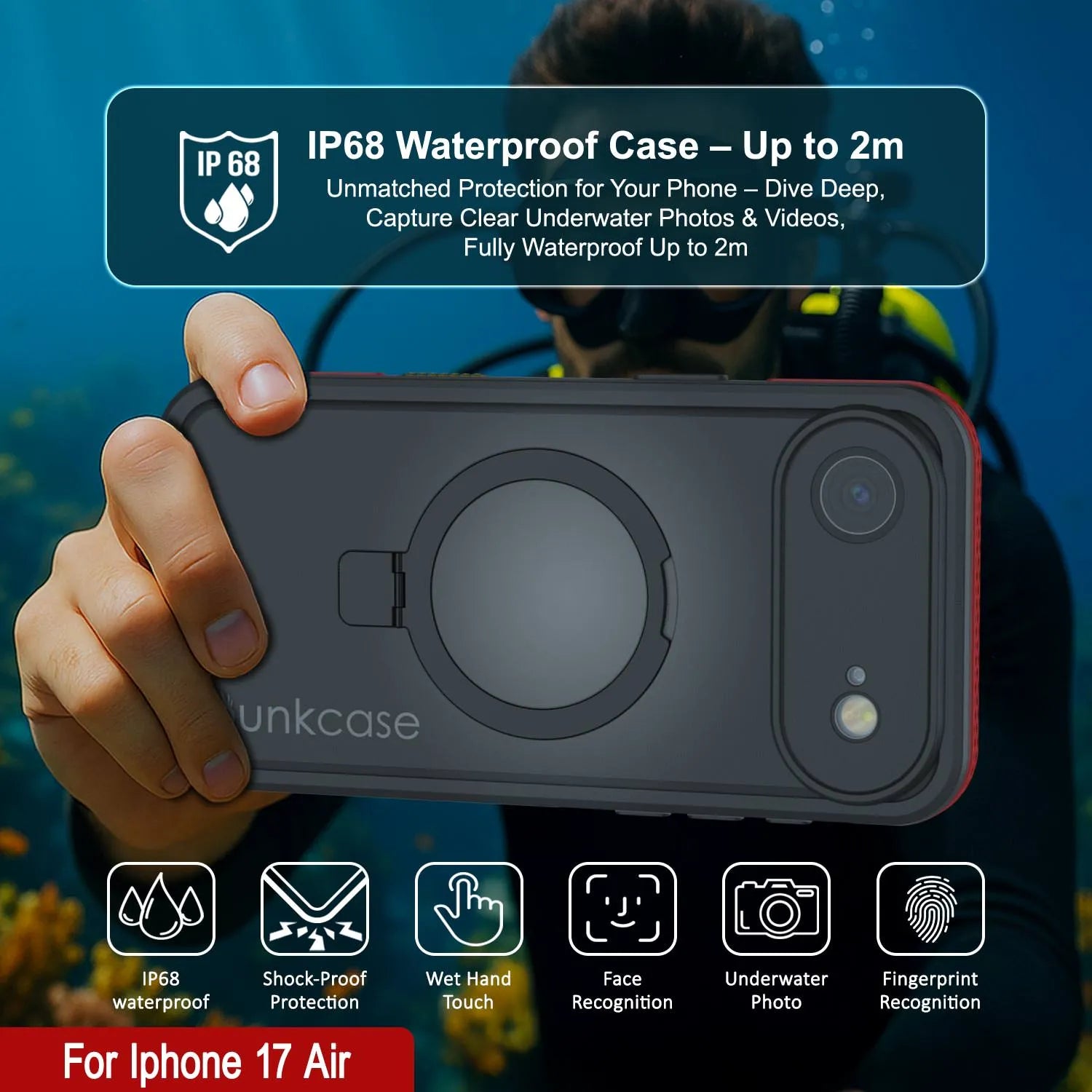 iPhone 17 Air Waterproof Case [Kickstud 2.0 Series] Protective IP68 Cover W/Screen Protector & Kickstand [Red]