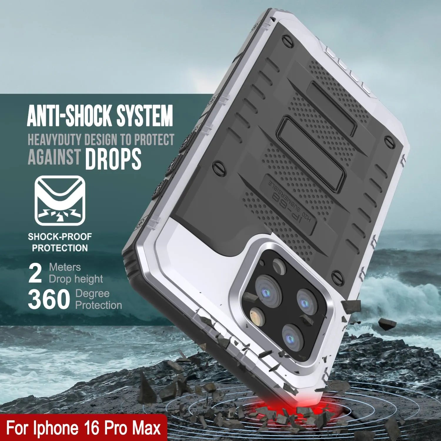 iPhone 16 Pro Max Metal Extreme 3.0 Series Aluminum Waterproof Case IP68 W/Buillt in Screen Protector & Kickstand [White]