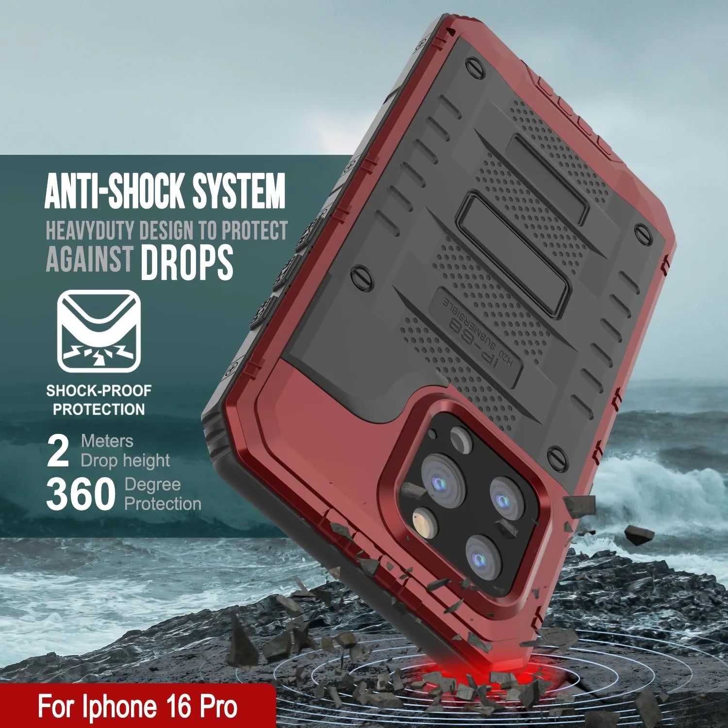 iPhone 16 Pro Metal Extreme 3.0 Series Aluminum Waterproof Case IP68 W/Buillt in Screen Protector & Kickstand [Red]