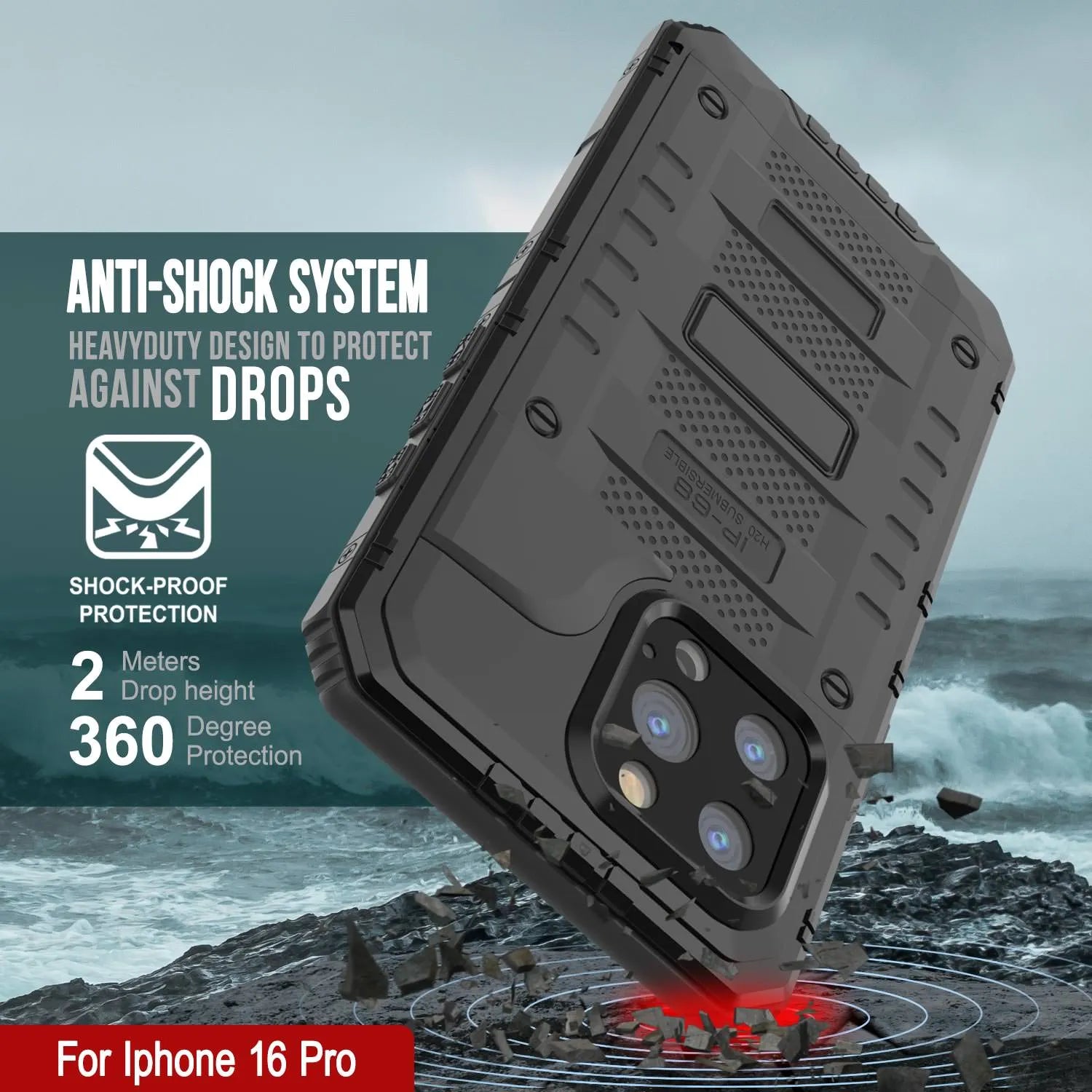 iPhone 16 Pro Metal Extreme 3.0 Series Aluminum Waterproof Case IP68 W/Buillt in Screen Protector & Kickstand [Black]