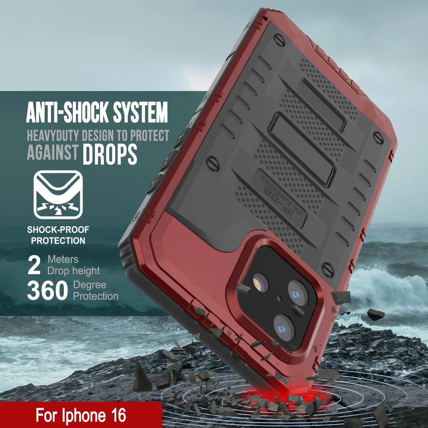 iPhone 16 Metal Extreme 3.0 Series Aluminum Waterproof Case IP68 W/Buillt in Screen Protector & Kickstand [Red]