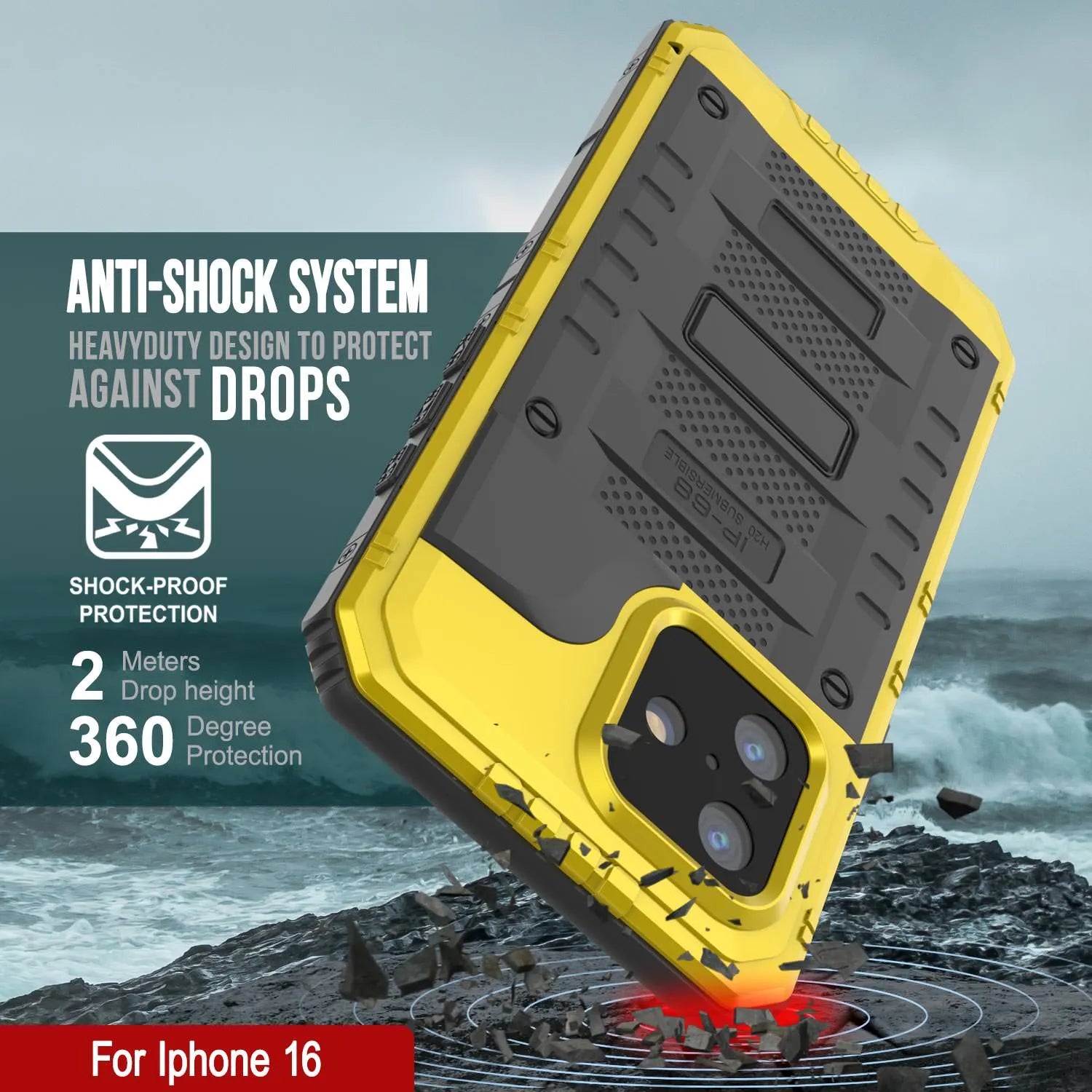 iPhone 16 Metal Extreme 3.0 Series Aluminum Waterproof Case IP68 W/Buillt in Screen Protector & Kickstand [Yellow]