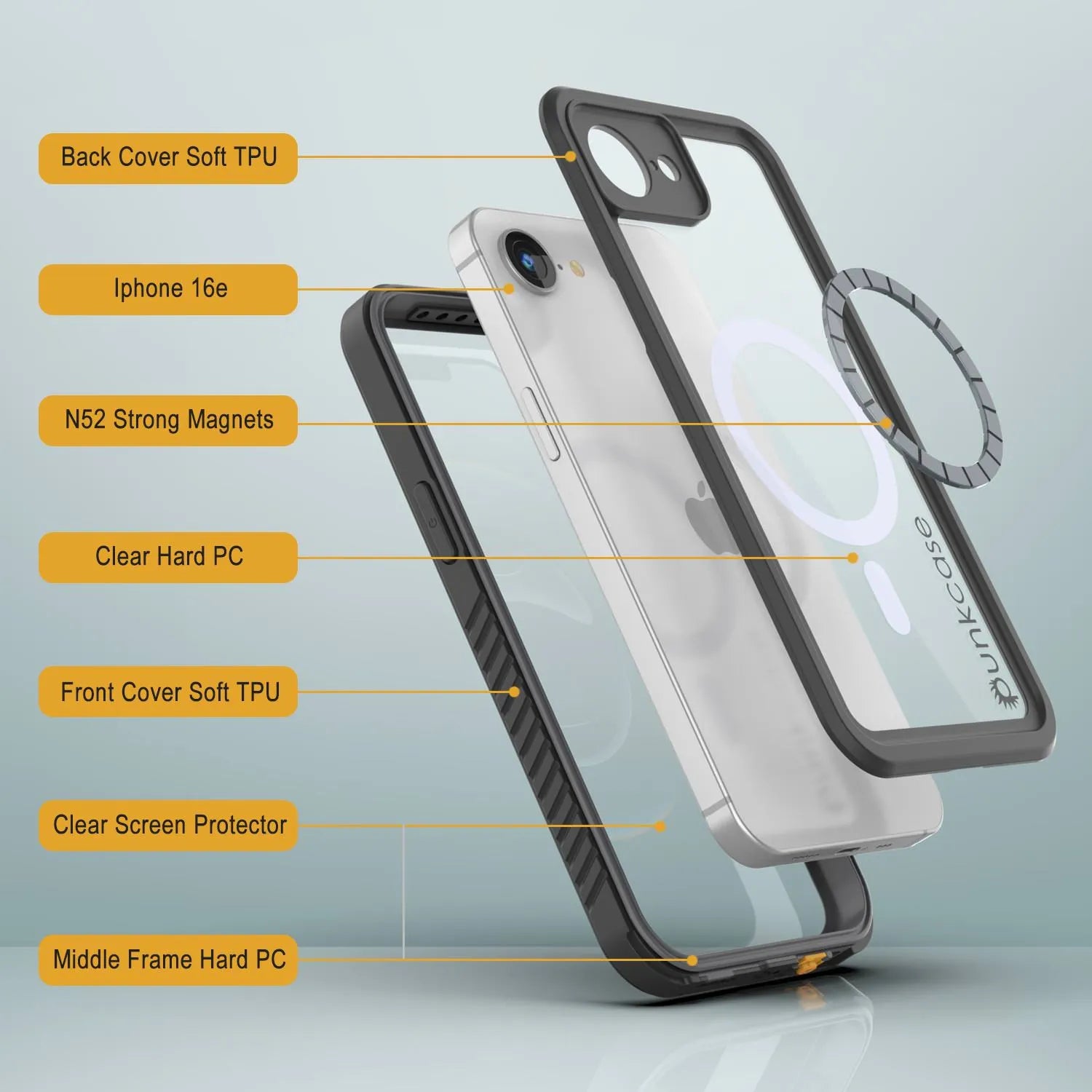 iPhone 16e  Waterproof Case, Punkcase [Extreme Mag Series] Armor Cover W/ Built In Screen Protector [Grey]