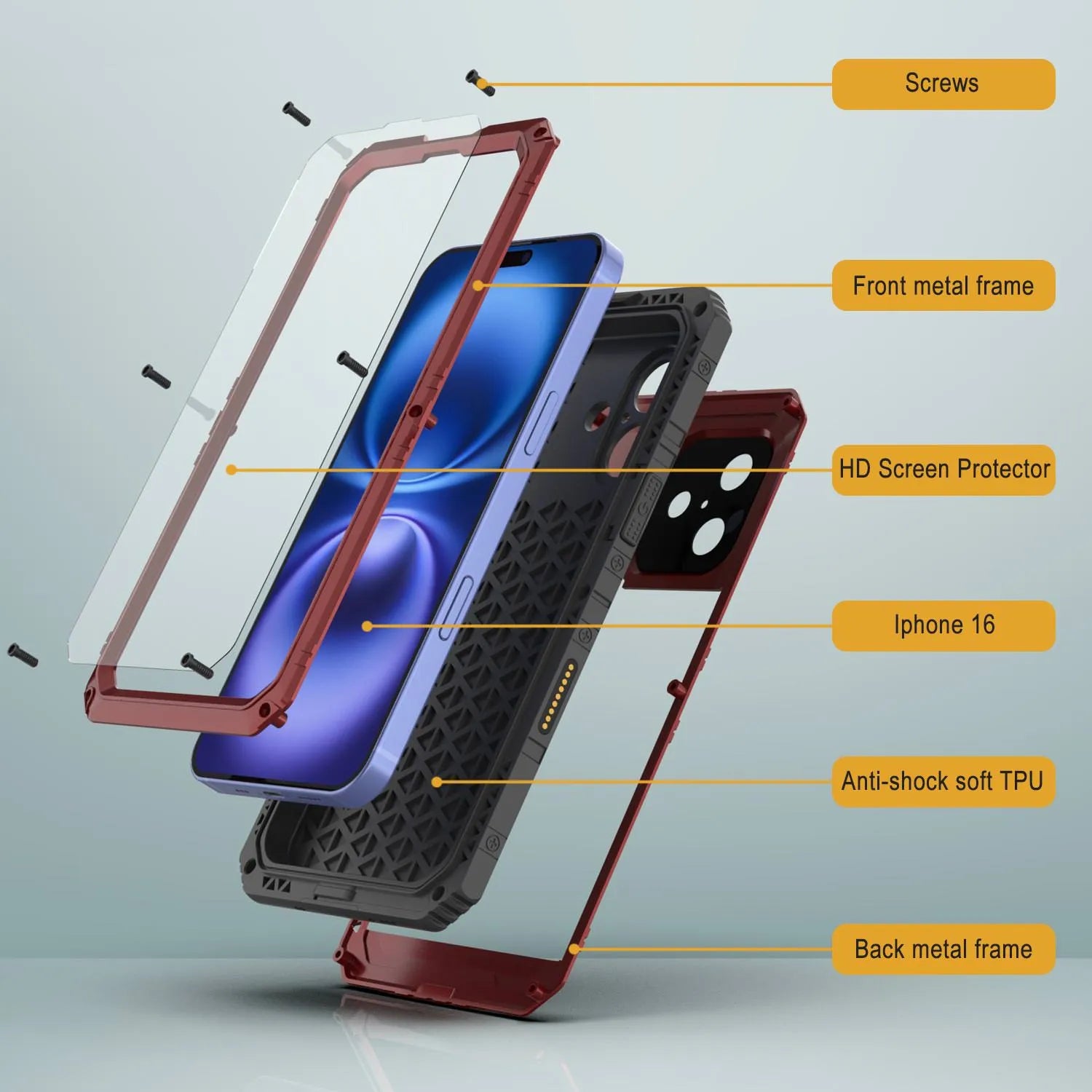 iPhone 16 Metal Extreme 3.0 Series Aluminum Waterproof Case IP68 W/Buillt in Screen Protector & Kickstand [Red]