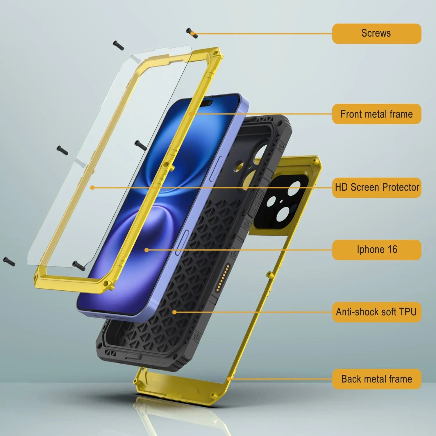 iPhone 16 Metal Extreme 3.0 Series Aluminum Waterproof Case IP68 W/Buillt in Screen Protector & Kickstand [Yellow]