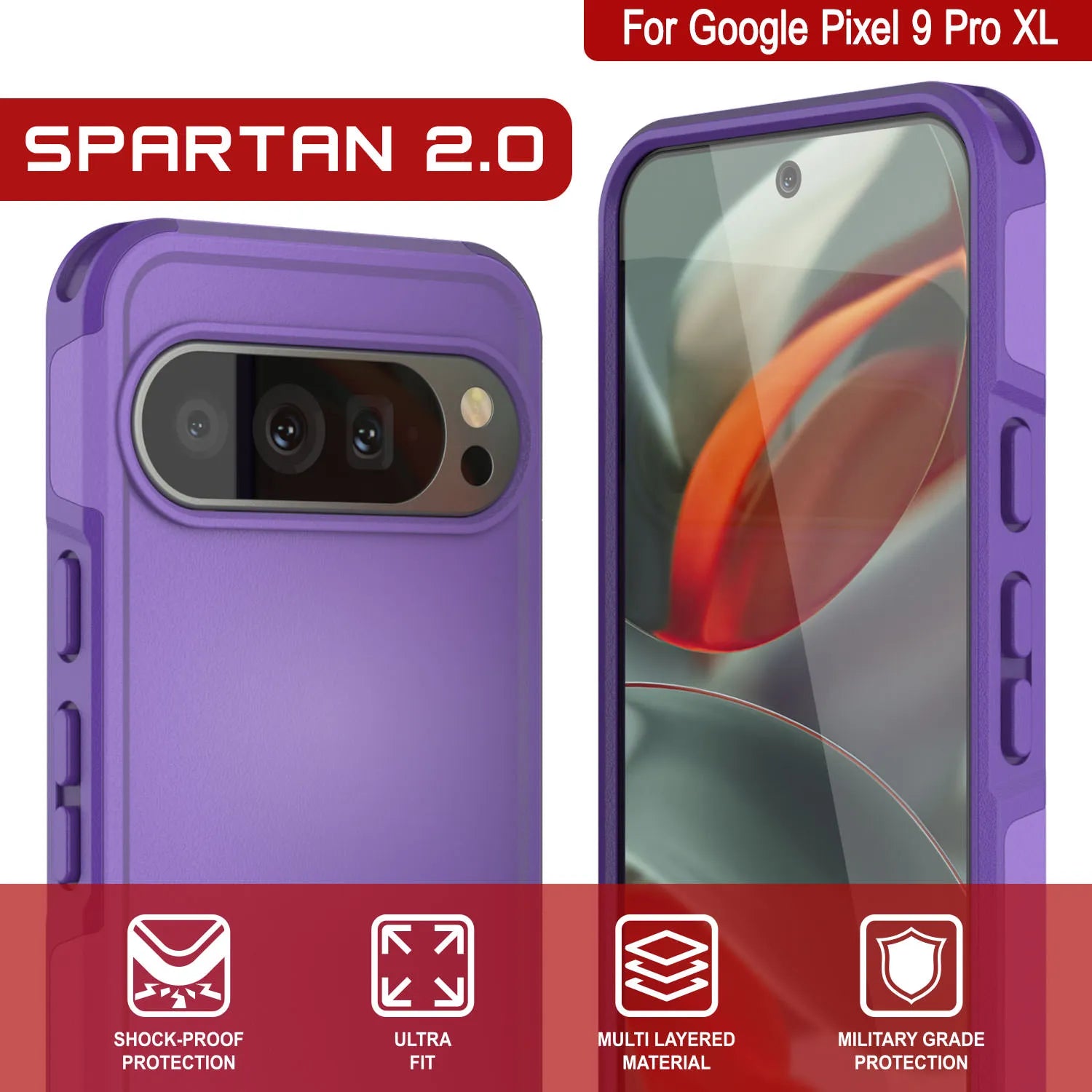 PunkCase Google Pixel 9 Pro XL Case, [Spartan 2.0 Series] Clear Rugged Heavy Duty Cover W/Built in Screen Protector [Purple]