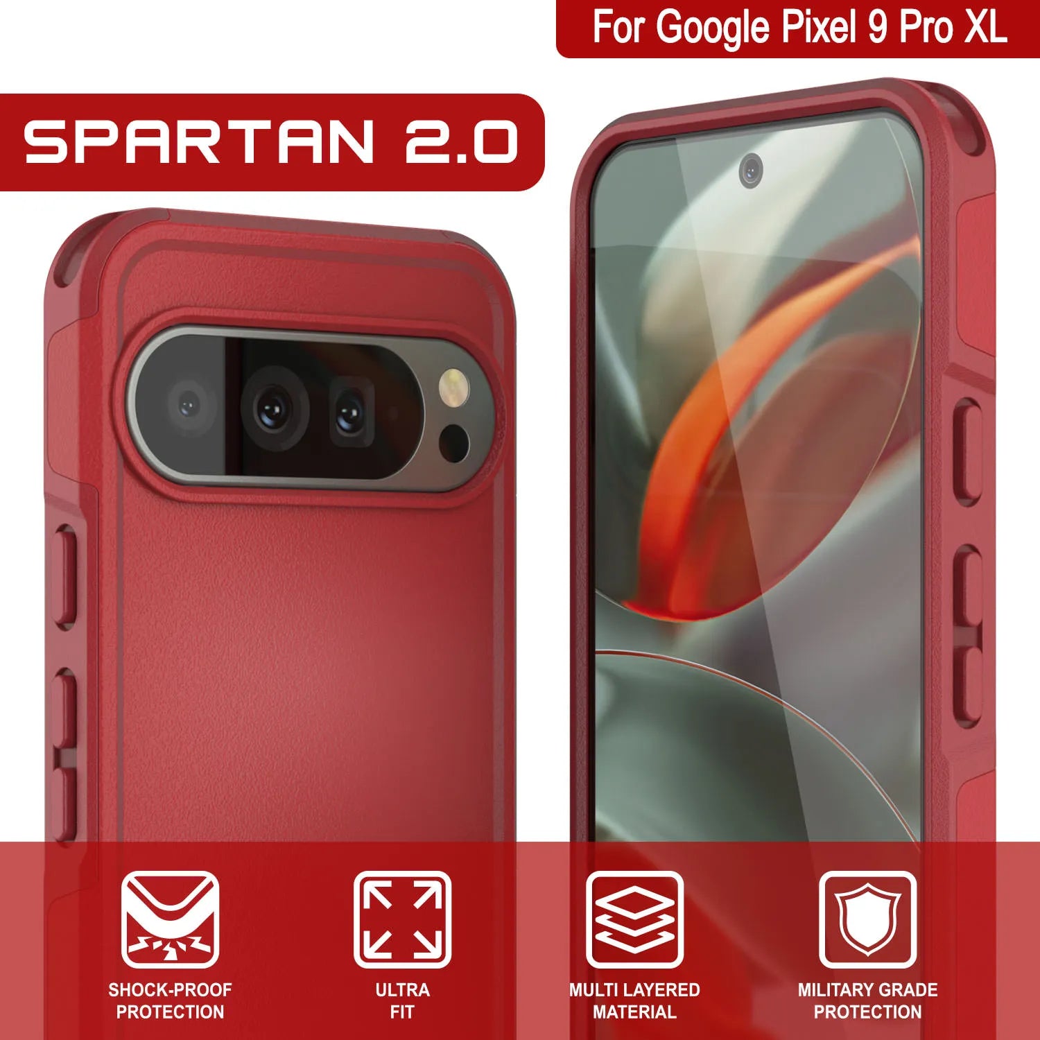 PunkCase Google Pixel 9 Pro XL Case, [Spartan 2.0 Series] Clear Rugged Heavy Duty Cover W/Built in Screen Protector [Red]