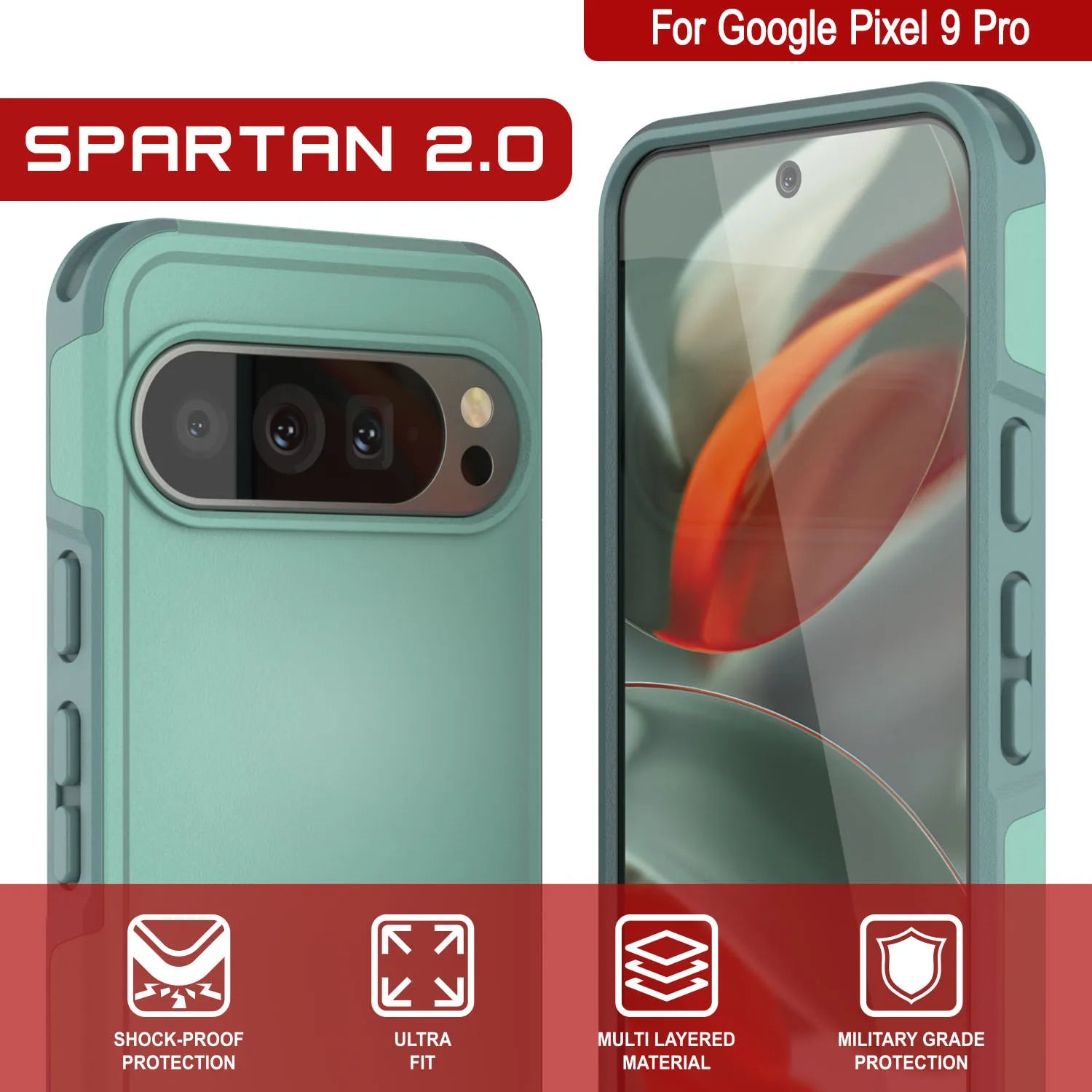 PunkCase Google Pixel 9 Pro Case, [Spartan 2.0 Series] Clear Rugged Heavy Duty Cover W/Built in Screen Protector [Teal]