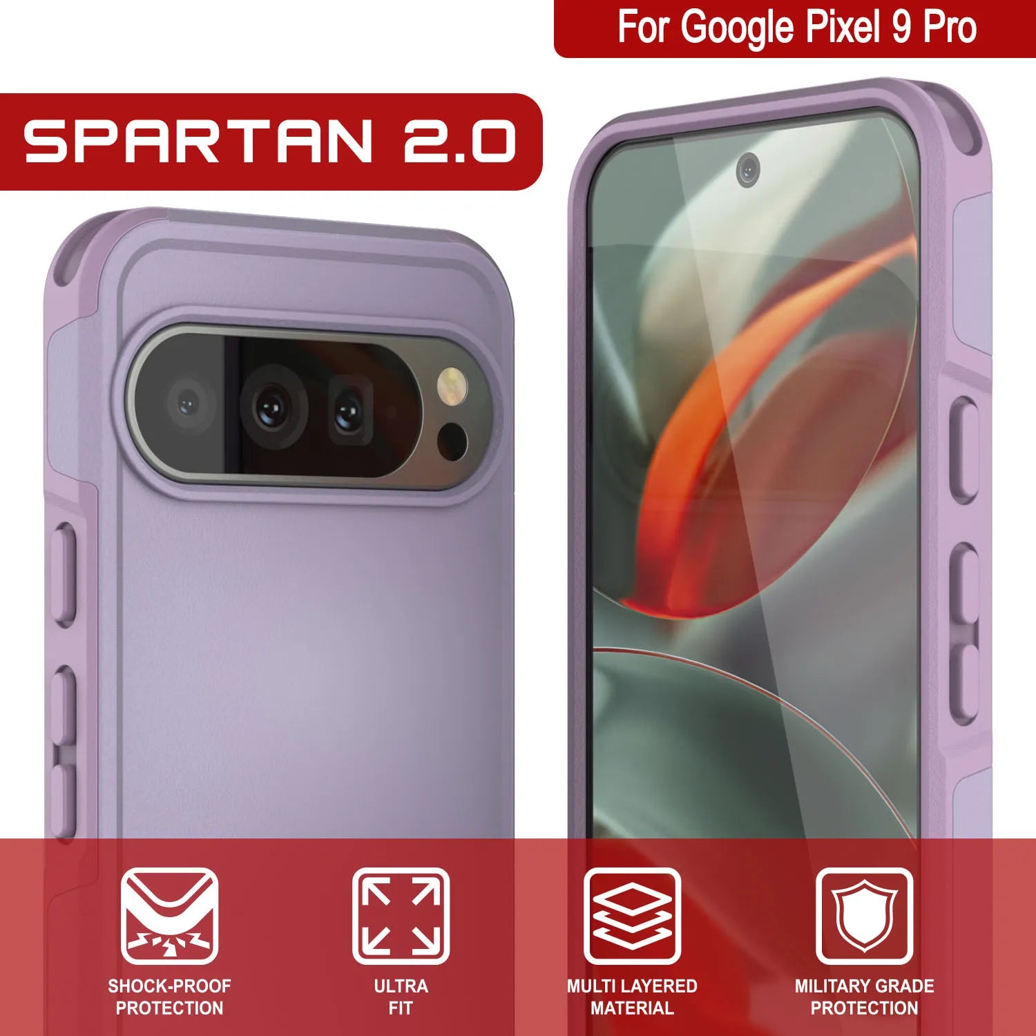 PunkCase Google Pixel 9 Pro Case, [Spartan 2.0 Series] Clear Rugged Heavy Duty Cover W/Built in Screen Protector [Lilac]