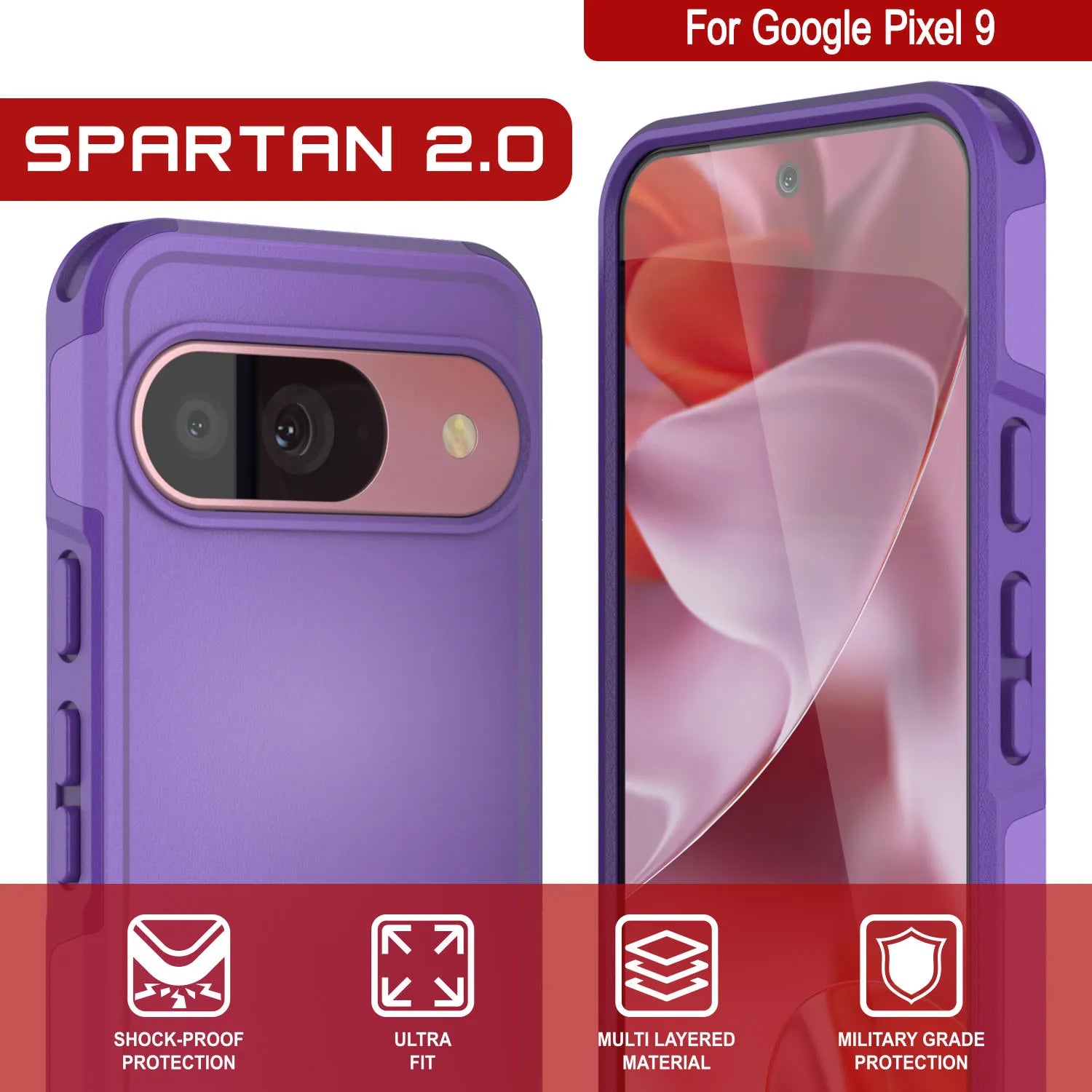 PunkCase Google Pixel 9 Case, [Spartan 2.0 Series] Clear Rugged Heavy Duty Cover W/Built in Screen Protector [Purple]