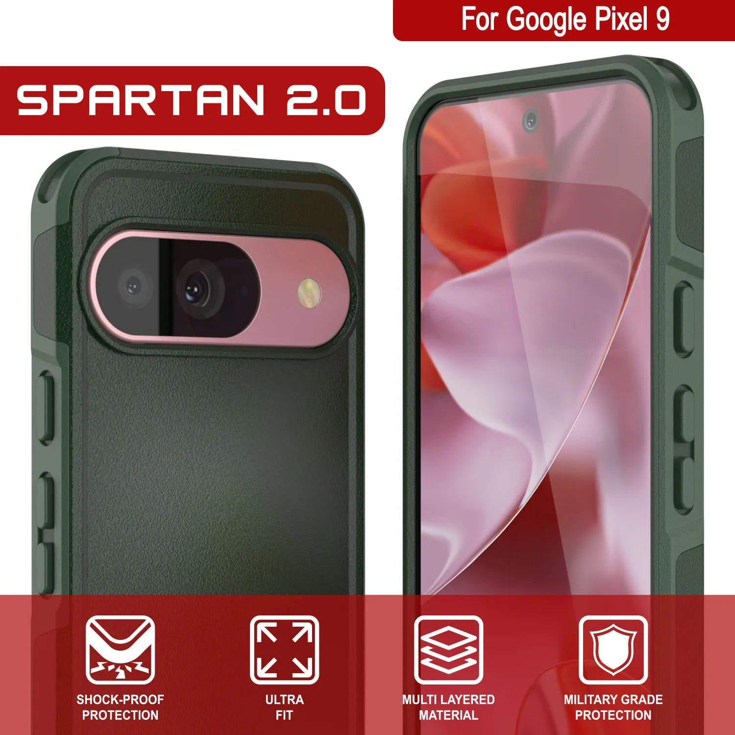 PunkCase Google Pixel 9 Case, [Spartan 2.0 Series] Clear Rugged Heavy Duty Cover W/Built in Screen Protector [Dark Green]