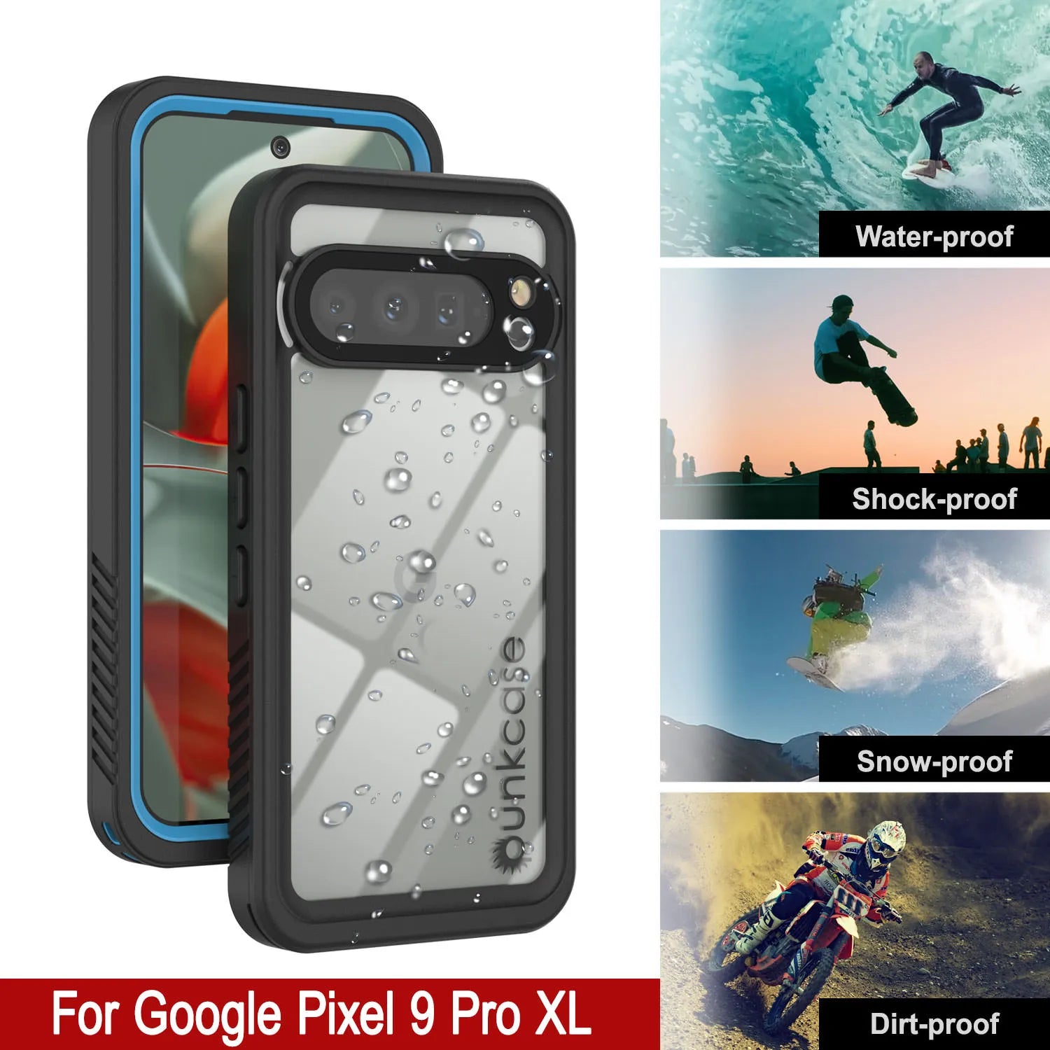 Google Pixel 9 Pro XL Waterproof Case, Punkcase [Extreme Series] Armor Cover W/ Built In Screen Protector [Light Blue]