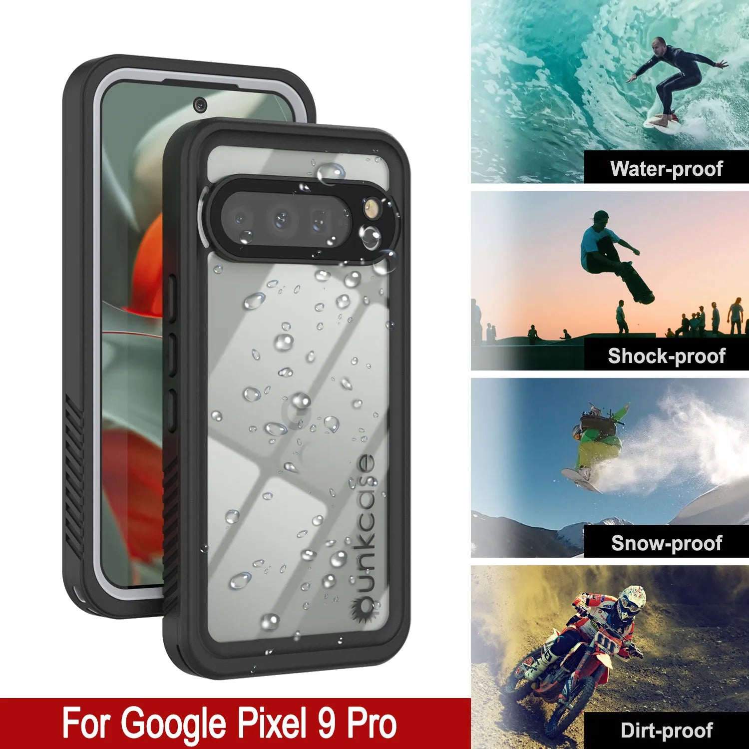 Google Pixel 9 Pro Waterproof Case, Punkcase [Extreme Series] Armor Cover W/ Built In Screen Protector [White]