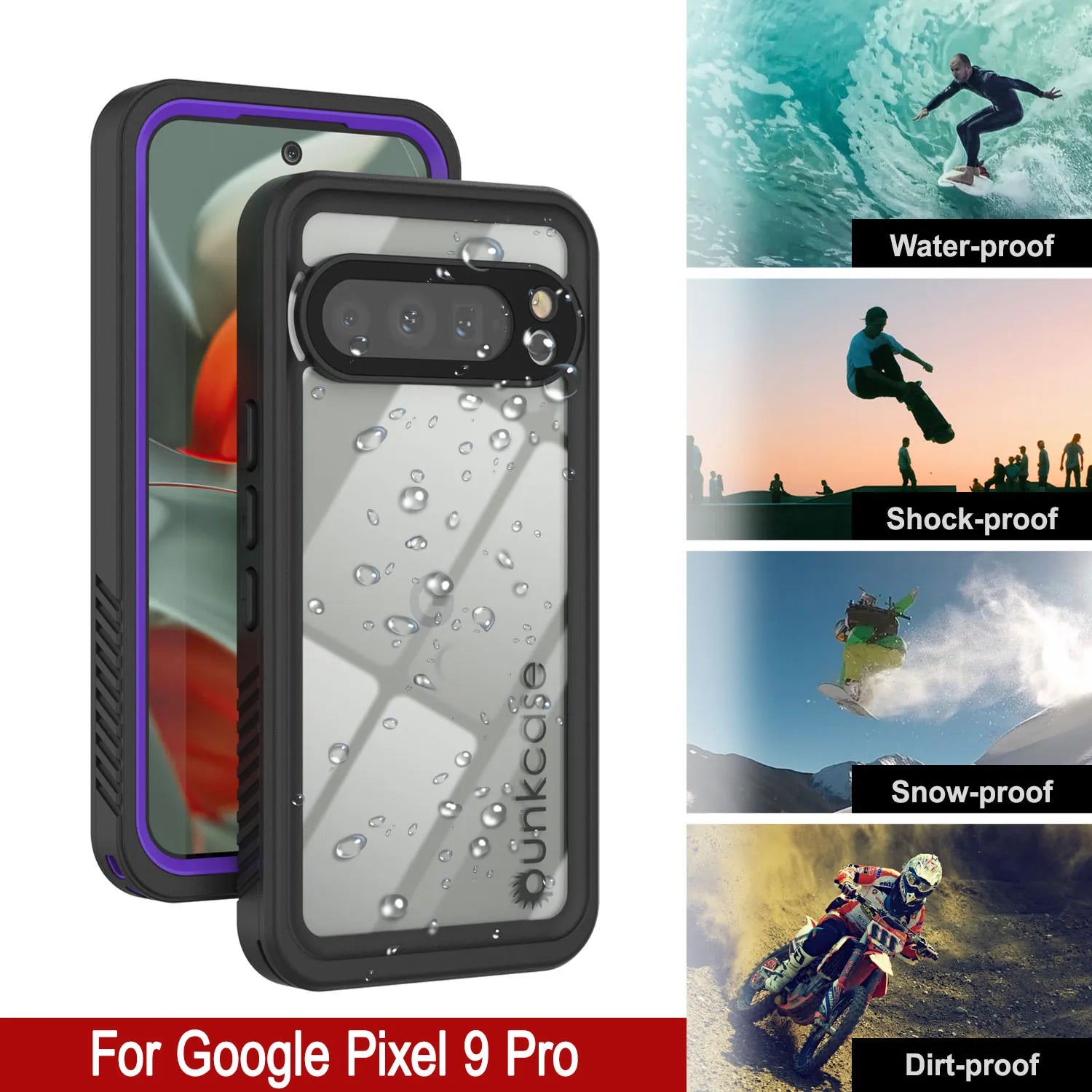 Google Pixel 9 Pro Waterproof Case, Punkcase [Extreme Series] Armor Cover W/ Built In Screen Protector [Purple]
