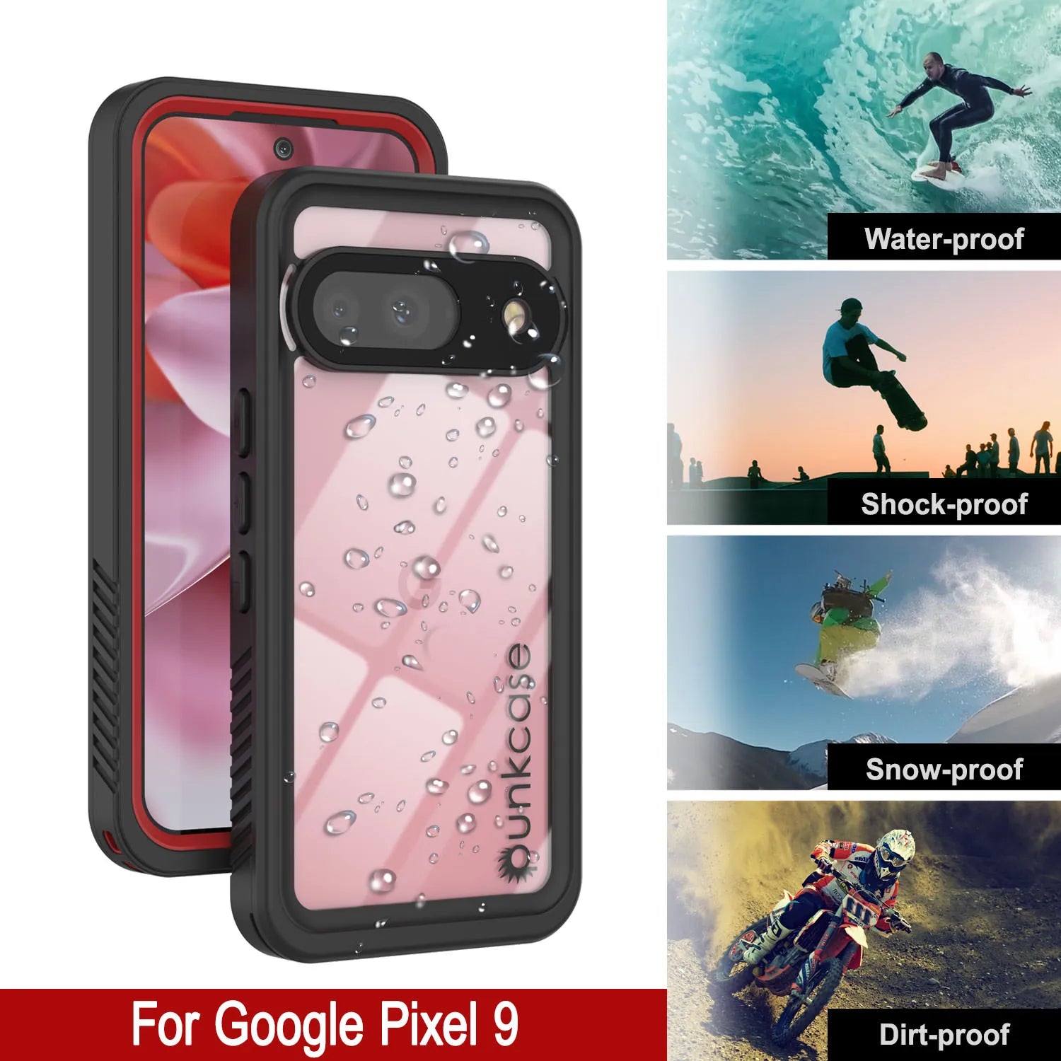 Google Pixel 9  Waterproof Case, Punkcase [Extreme Series] Armor Cover W/ Built In Screen Protector [Red]