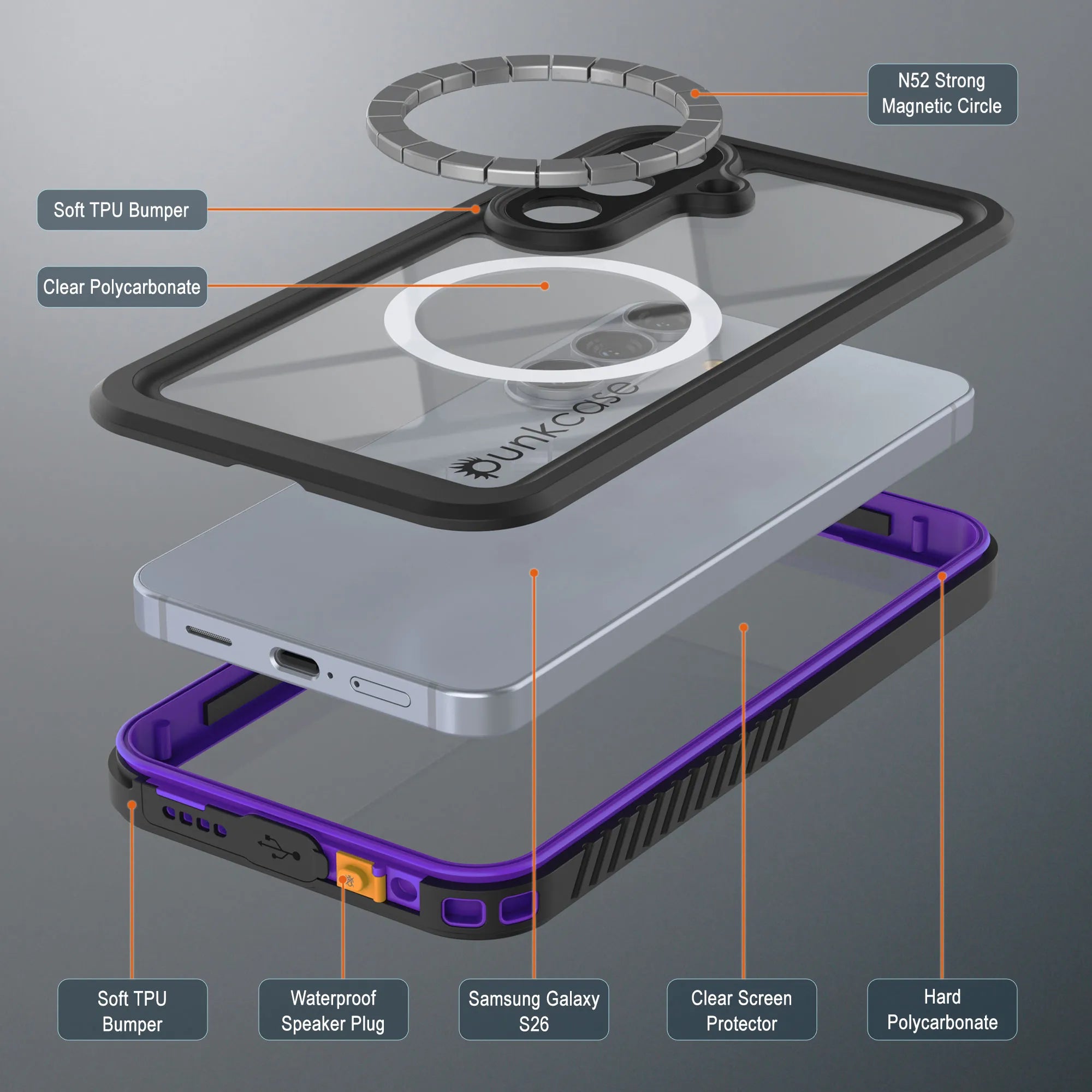 Galaxy S26 Waterproof Case, Punkcase [Extreme Mag Series] Armor Cover W/ Built In Screen Protector [Grey]