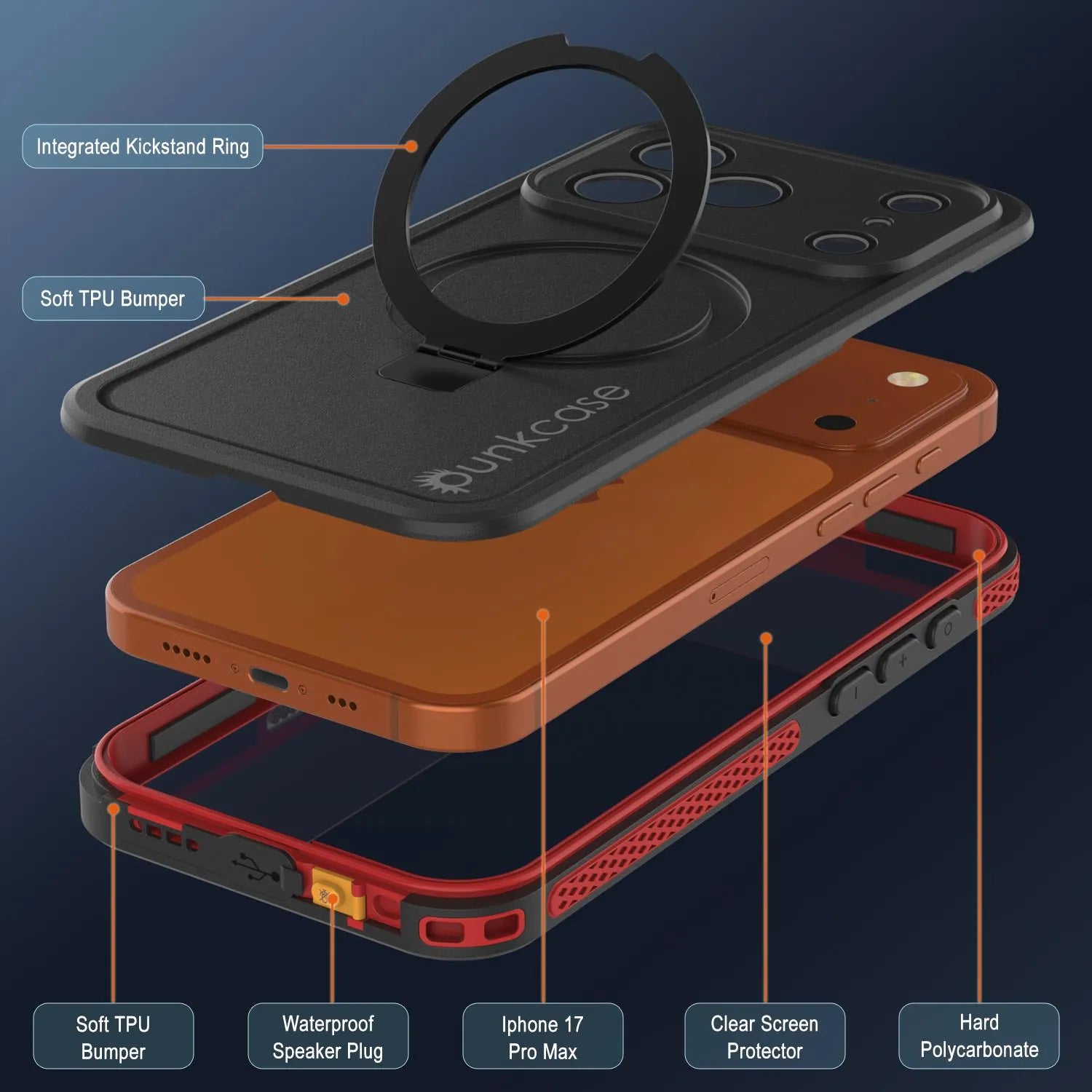 iPhone 17 Pro Max Waterproof Case [Kickstud 2.0 Series] Protective IP68 Cover W/Screen Protector & Kickstand [Red]