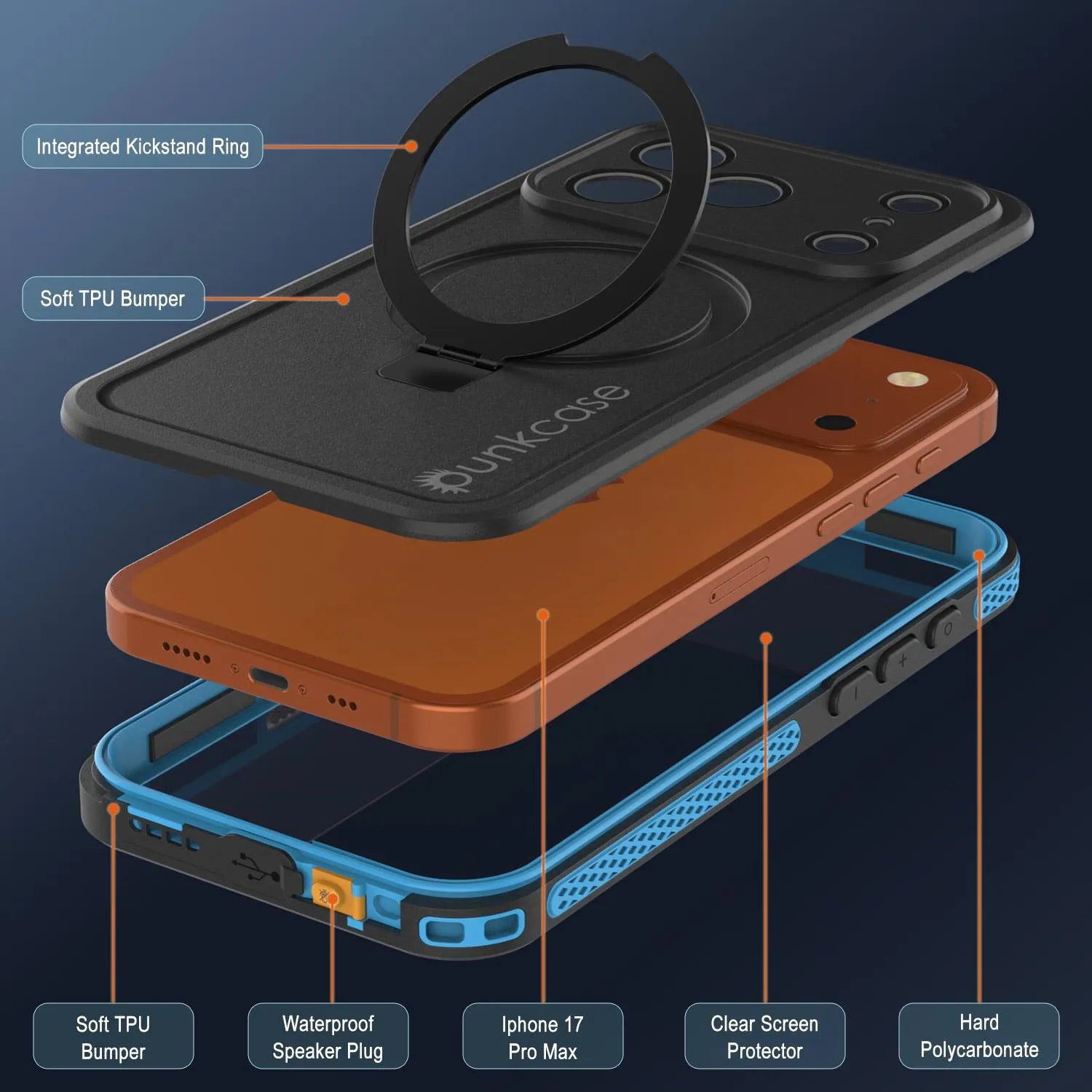 iPhone 17 Pro Max Waterproof Case [Kickstud 2.0 Series] Protective IP68 Cover W/Screen Protector & Kickstand [Blue]