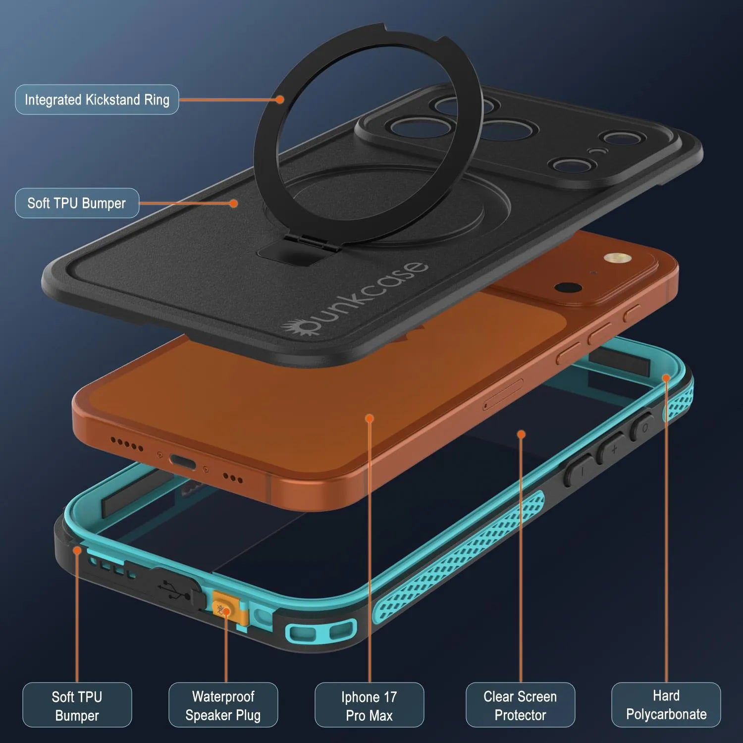 iPhone 17 Pro Max Waterproof Case [Kickstud 2.0 Series] Protective IP68 Cover W/Screen Protector & Kickstand [Teal]