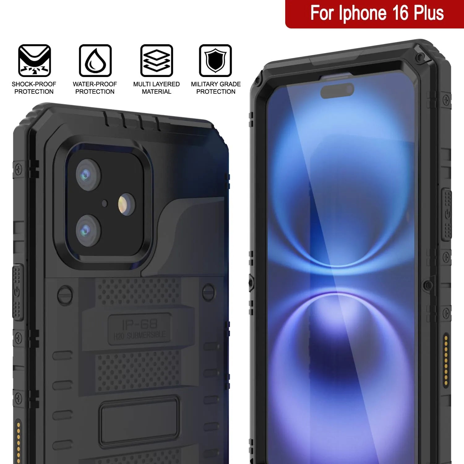 iPhone 16 Plus Metal Extreme 3.0 Series Aluminum Waterproof Case IP68 W/Buillt in Screen Protector & Kickstand [Black]