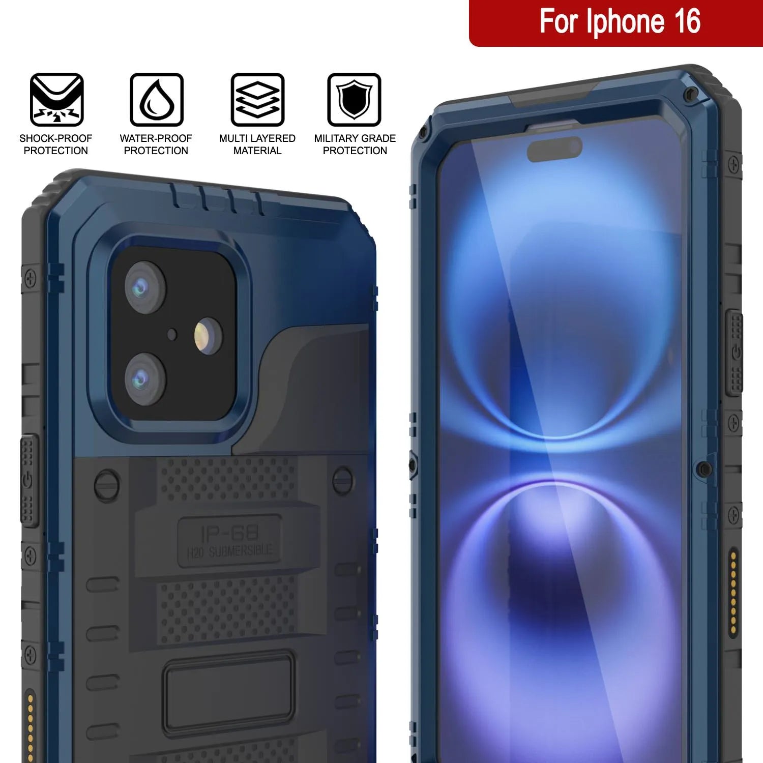 iPhone 16 Metal Extreme 3.0 Series Aluminum Waterproof Case IP68 W/Buillt in Screen Protector & Kickstand [Blue]