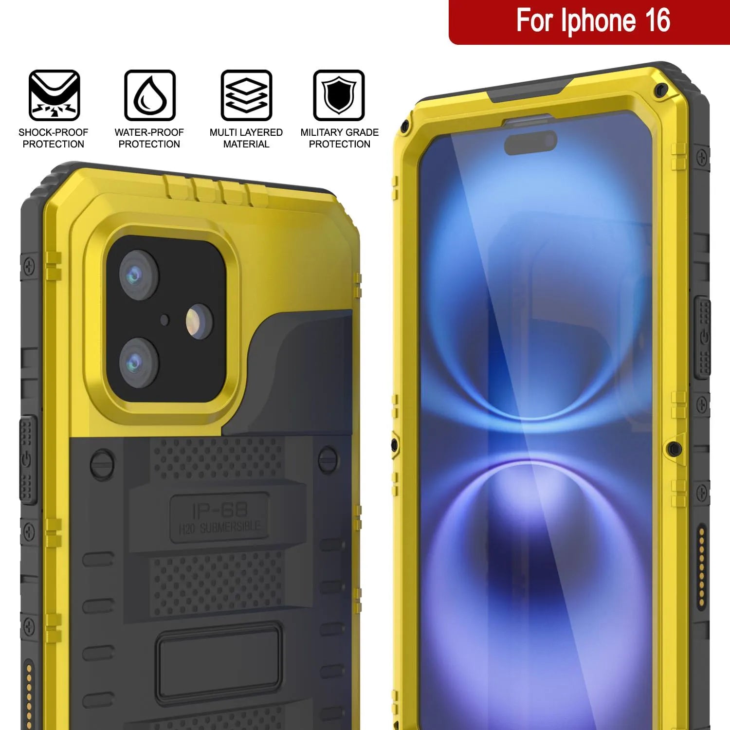 iPhone 16 Metal Extreme 3.0 Series Aluminum Waterproof Case IP68 W/Buillt in Screen Protector & Kickstand [Yellow]