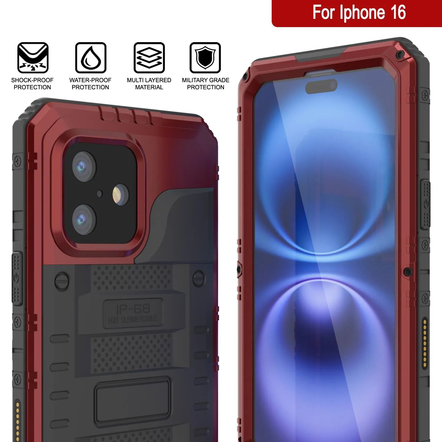 iPhone 16 Metal Extreme 3.0 Series Aluminum Waterproof Case IP68 W/Buillt in Screen Protector & Kickstand [Red]
