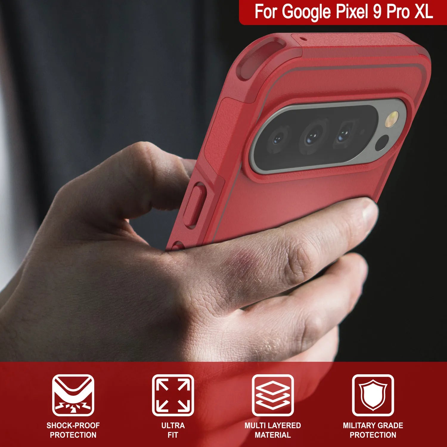 PunkCase Google Pixel 9 Pro XL Case, [Spartan 2.0 Series] Clear Rugged Heavy Duty Cover W/Built in Screen Protector [Red]