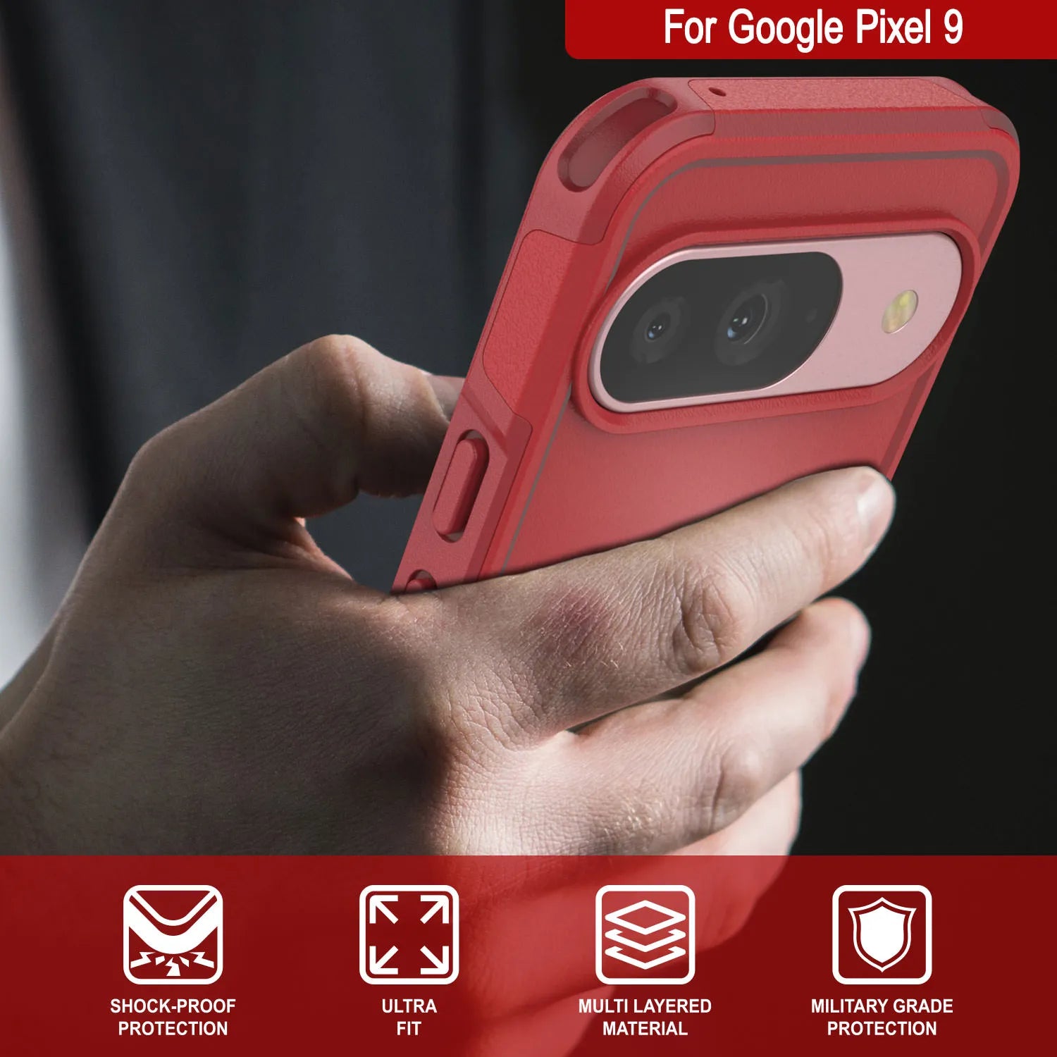 PunkCase Google Pixel 9 Case, [Spartan 2.0 Series] Clear Rugged Heavy Duty Cover W/Built in Screen Protector [Red]