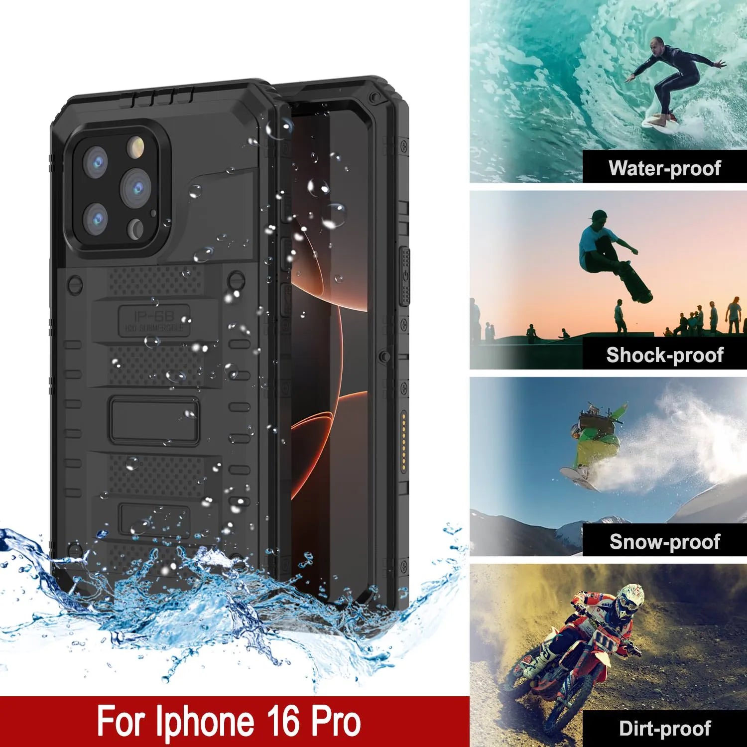 iPhone 16 Pro Metal Extreme 3.0 Series Aluminum Waterproof Case IP68 W/Buillt in Screen Protector & Kickstand [Black]