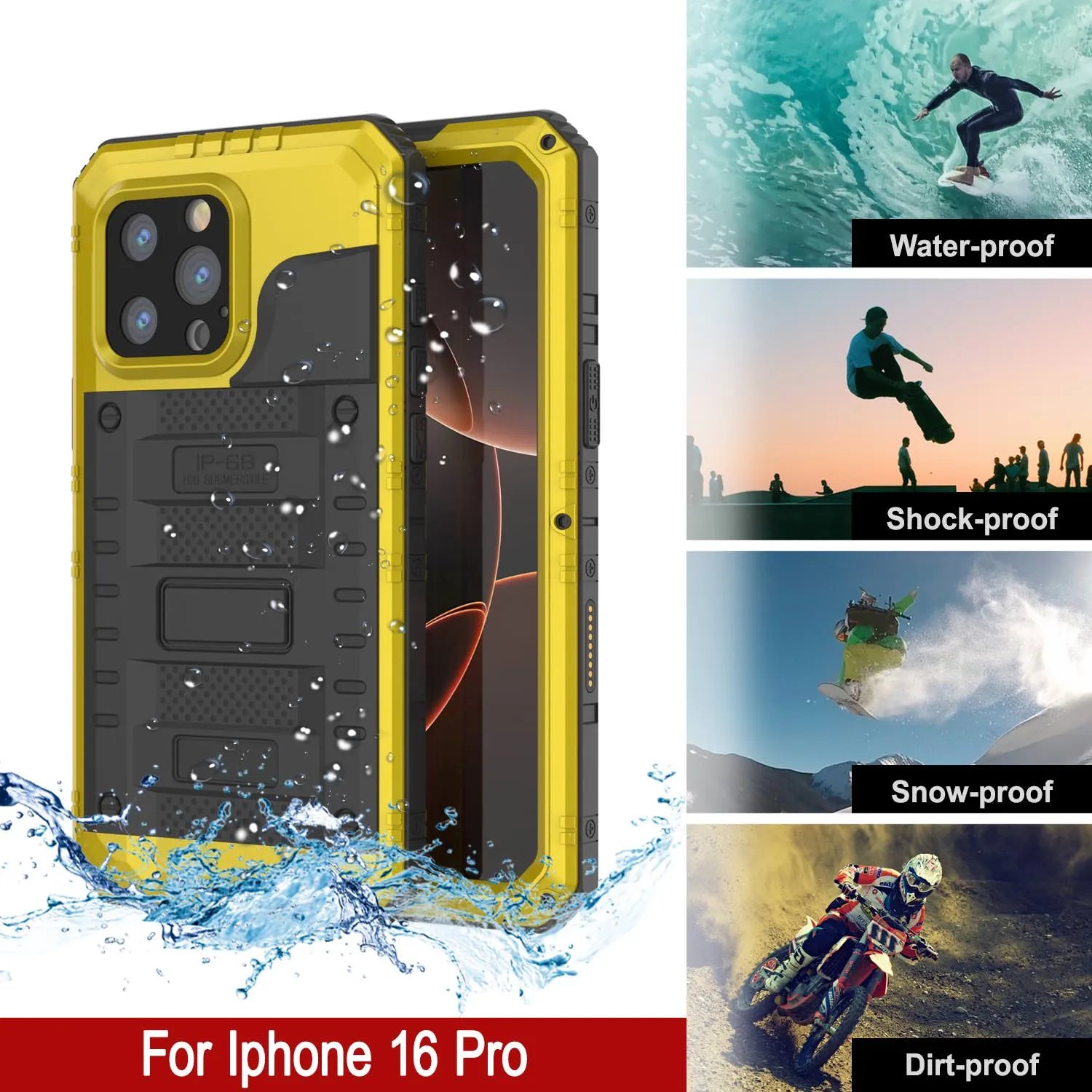 iPhone 16 Pro Metal Extreme 3.0 Series Aluminum Waterproof Case IP68 W/Buillt in Screen Protector & Kickstand [Yellow]