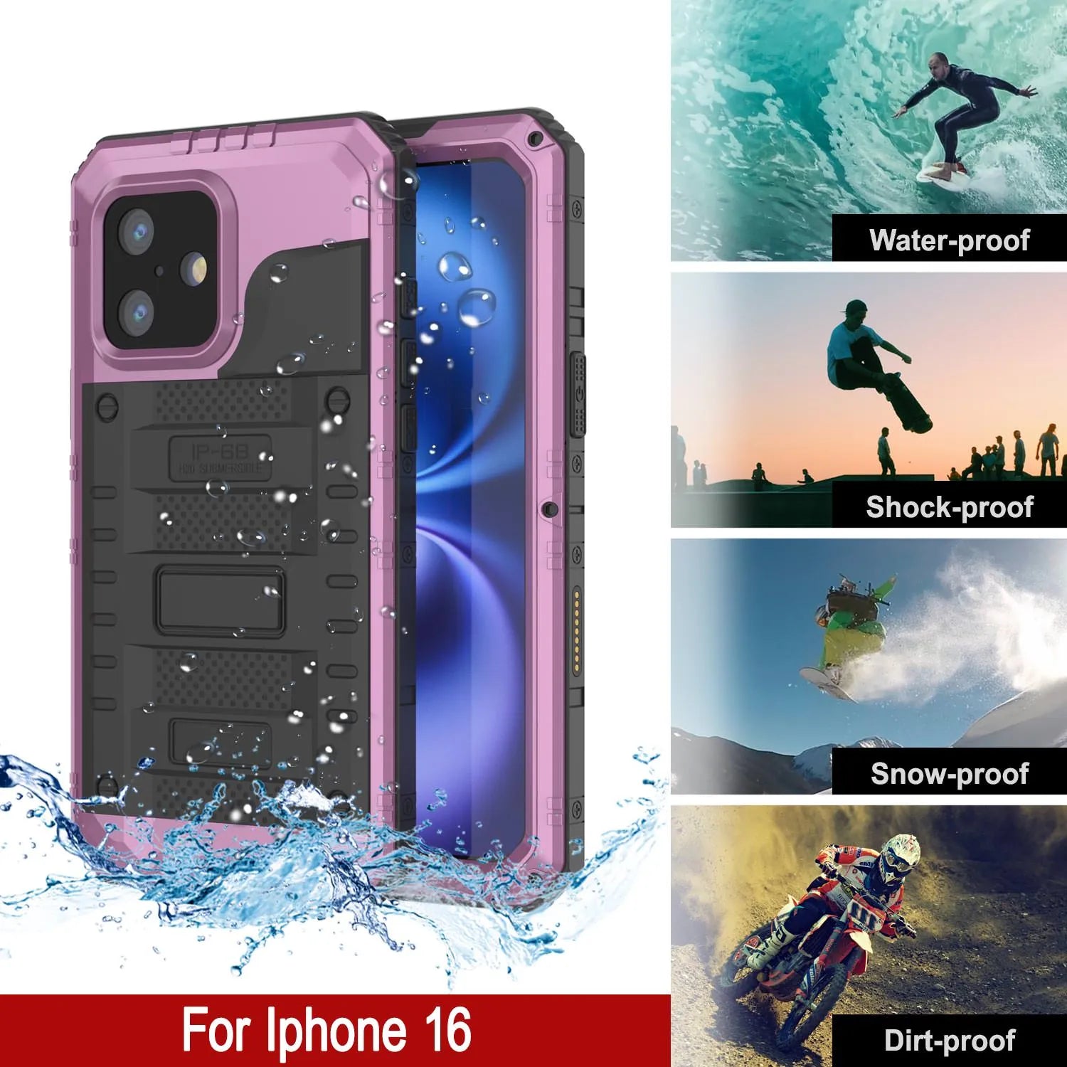 iPhone 16 Metal Extreme 3.0 Series Aluminum Waterproof Case IP68 W/Buillt in Screen Protector & Kickstand [Pink]