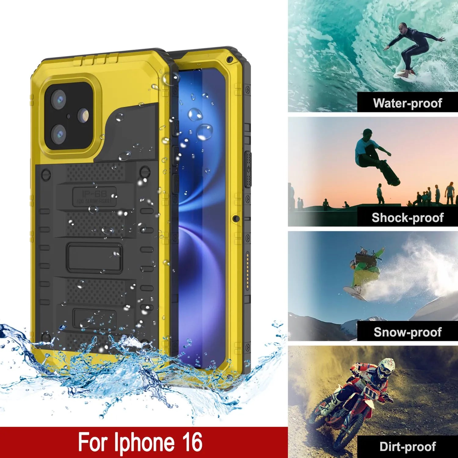 iPhone 16 Metal Extreme 3.0 Series Aluminum Waterproof Case IP68 W/Buillt in Screen Protector & Kickstand [Yellow]