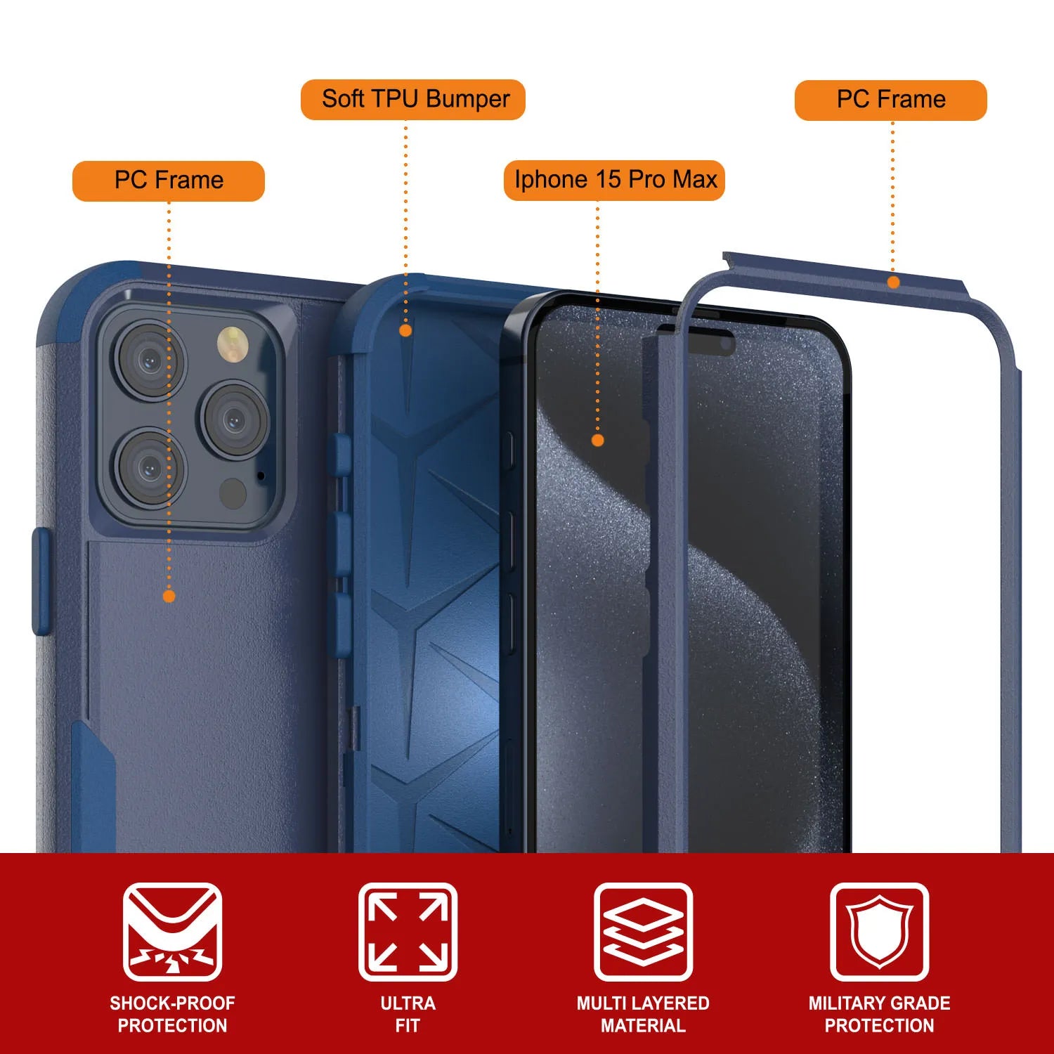 Punkcase for iPhone 15 Pro Max Belt Clip Multilayer Holster Case [Patron Series] [Navy]