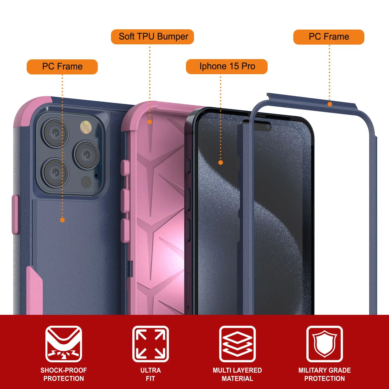 Punkcase for iPhone 15 Pro Belt Clip Multilayer Holster Case [Patron Series] [Navy Pink]