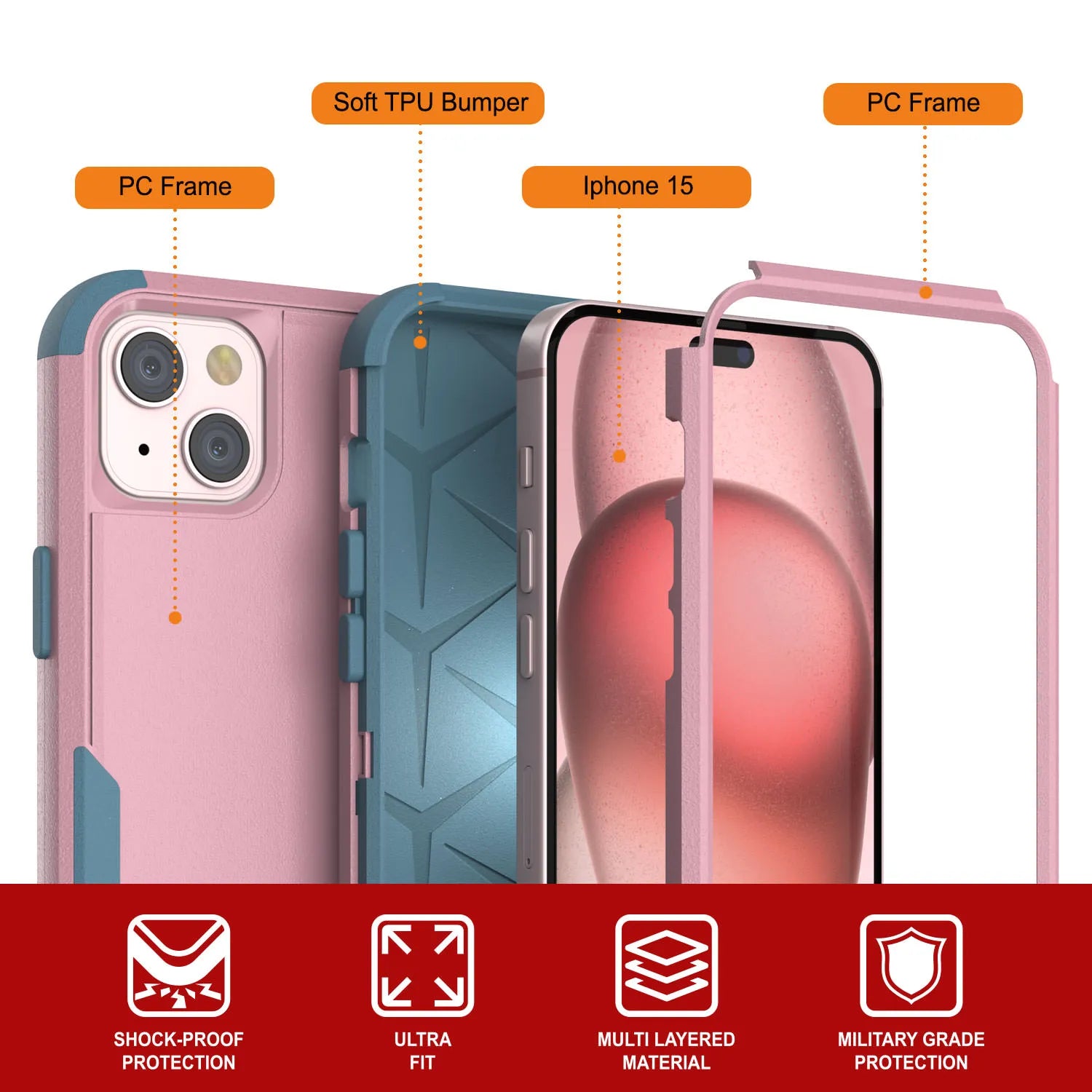 Punkcase for iPhone 15 Belt Clip Multilayer Holster Case [Patron Series] [Pink-Blue]