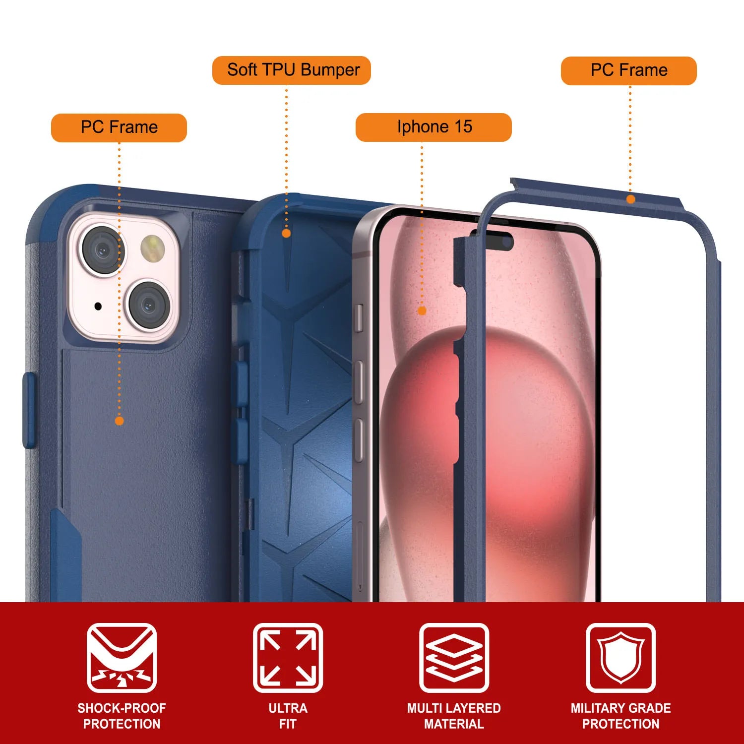 Punkcase for iPhone 15 Belt Clip Multilayer Holster Case [Patron Series] [Navy]