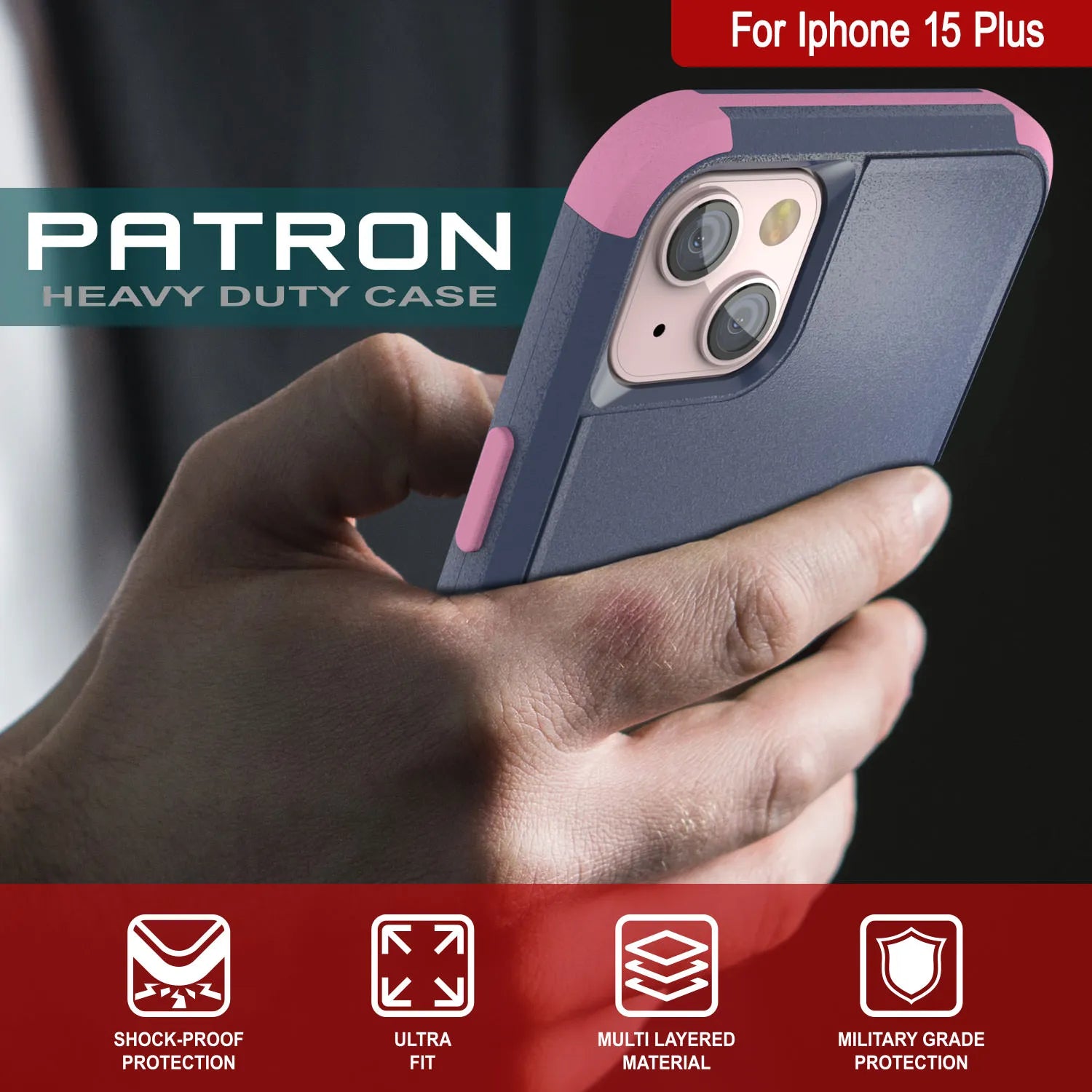 Punkcase for iPhone 15 Plus Belt Clip Multilayer Holster Case [Patron Series] [Navy Pink]